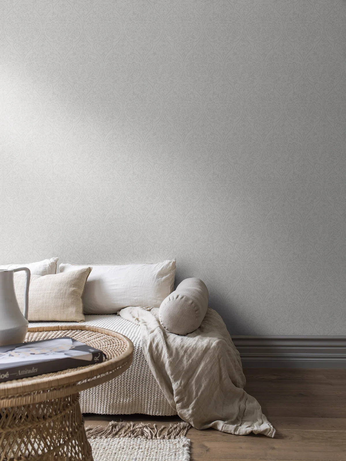 Non-woven paper wallpaper in Hidden Medallion design, gray-beige