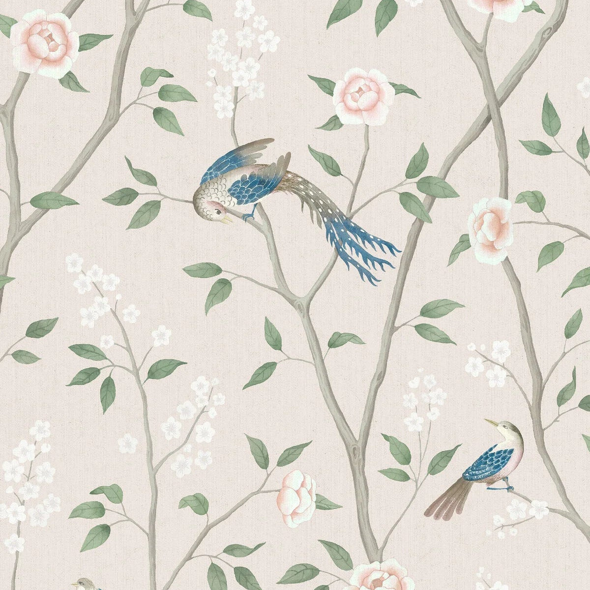 Vlies-Tapete mit Pflanzenmuster PARADISE BIRDS beige mit grün und rosa