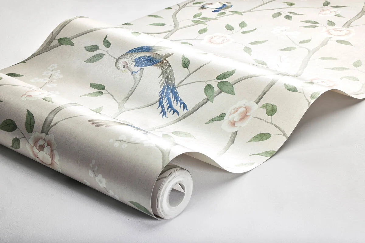 Vlies-Tapete mit Pflanzenmuster PARADISE BIRDS beige mit grün und rosa