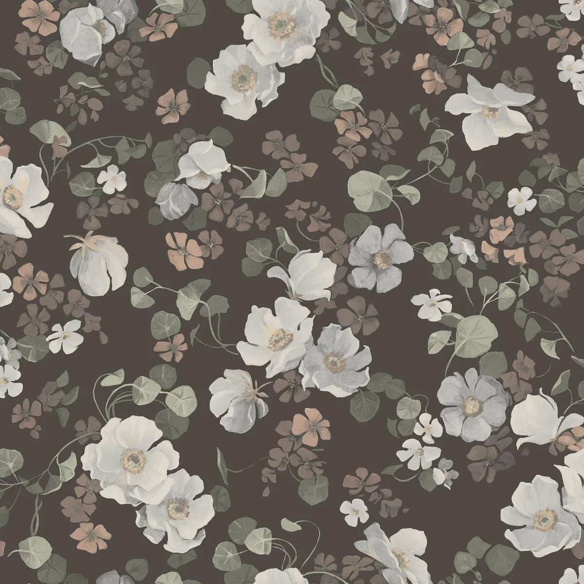 Non-woven paper wallpaper with an enchanting flower pattern in brown and white