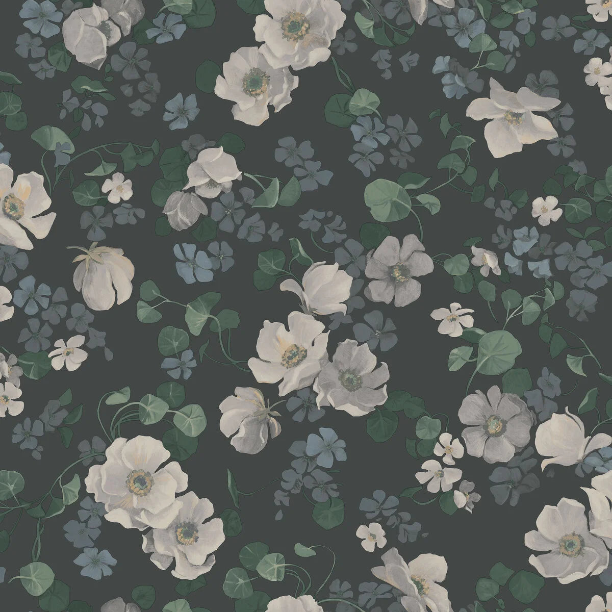 Non-woven paper wallpaper with an enchanting flower pattern in dark gray with white