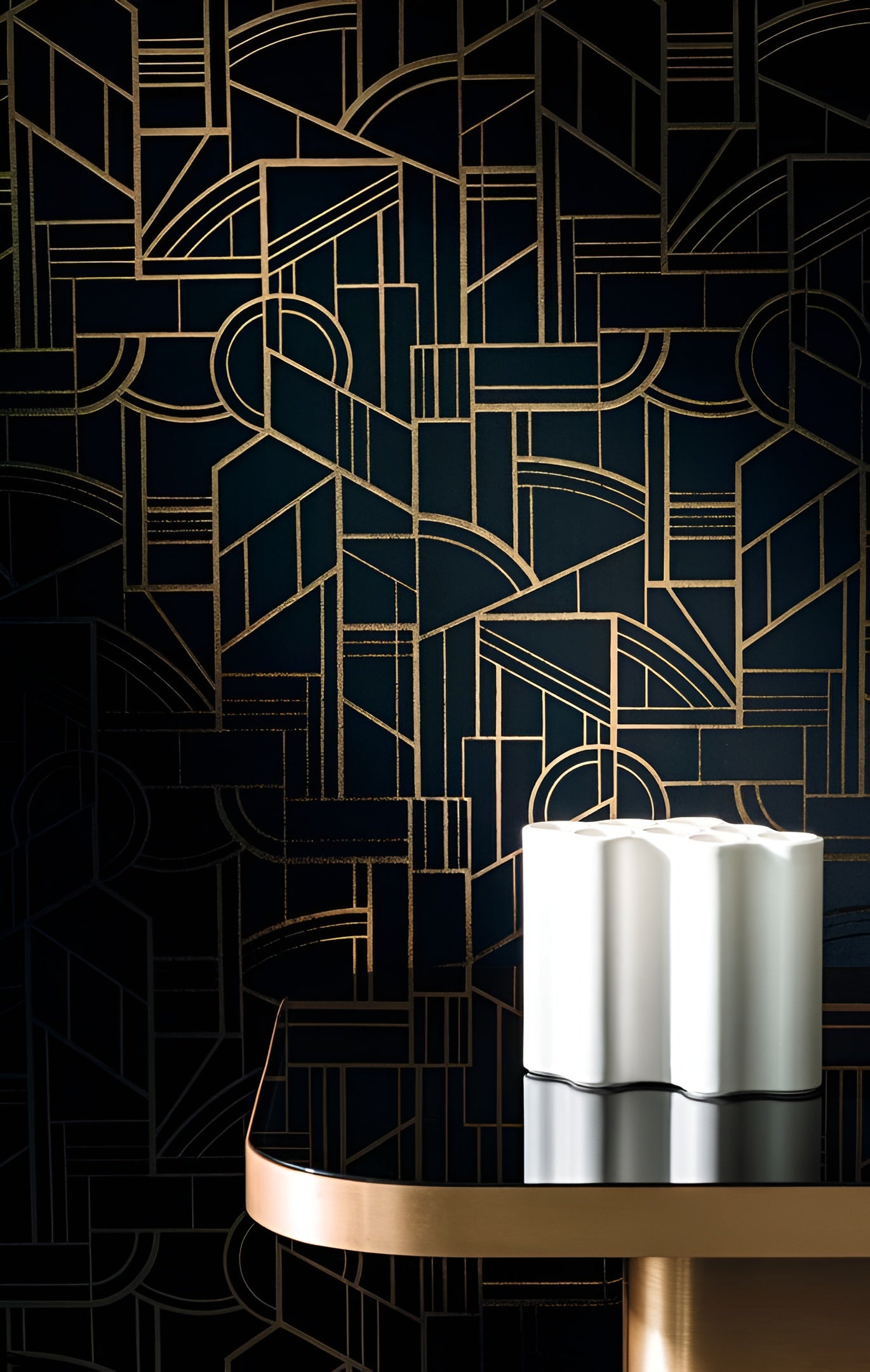 Metallic textile wallpaper with an Art Deco geometric pattern REIMS - TAUPE taupe with beige
