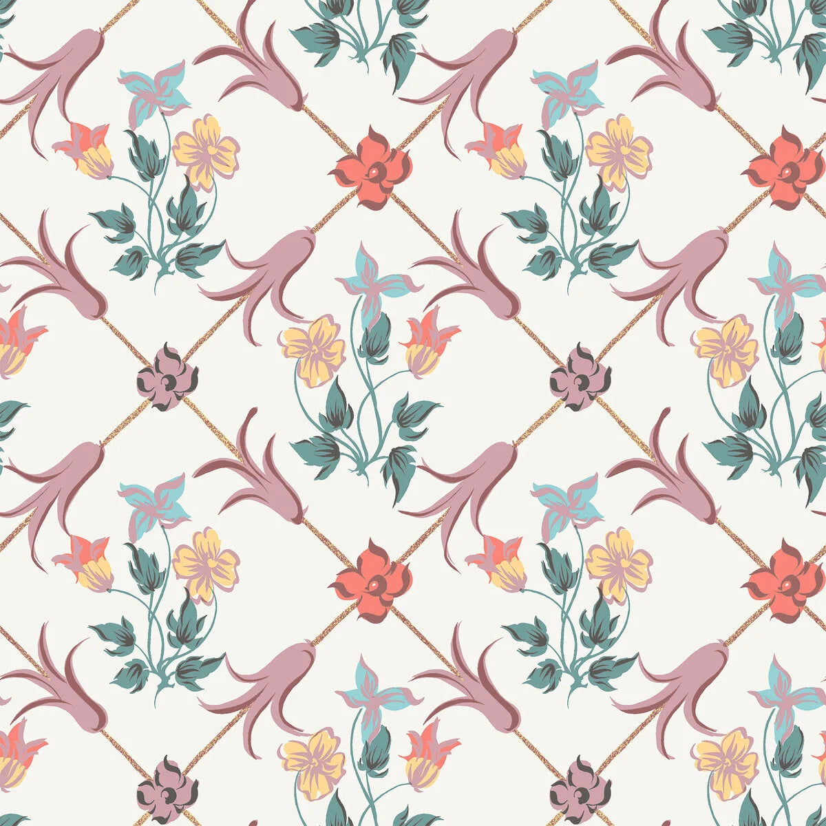 Vlies-Tapete mit Pflanzenmuster TESSIN in Weiß mit Lavendel- und Grüntönen