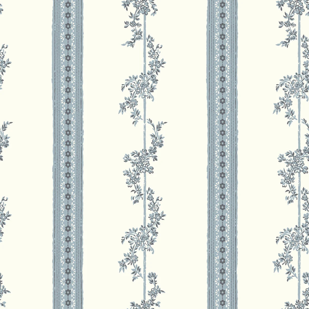 Vlies-Tapete mit pflanzlichem Muster DROTTNINGHOLM blau mit cremefarbenem Hintergrund