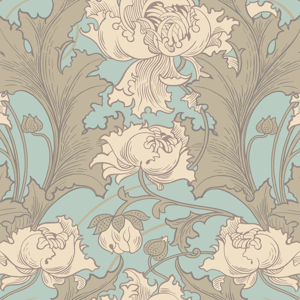 Non-woven paper wallpaper with a plant pattern SIRI cream with turquoise