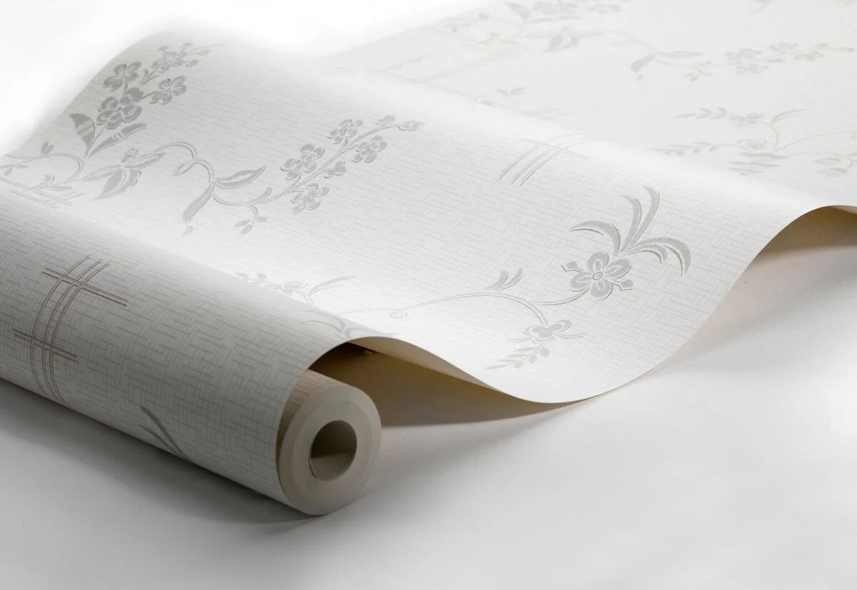 Non-woven paper wallpaper with a plant pattern ULRICEHAMN broken white with silver