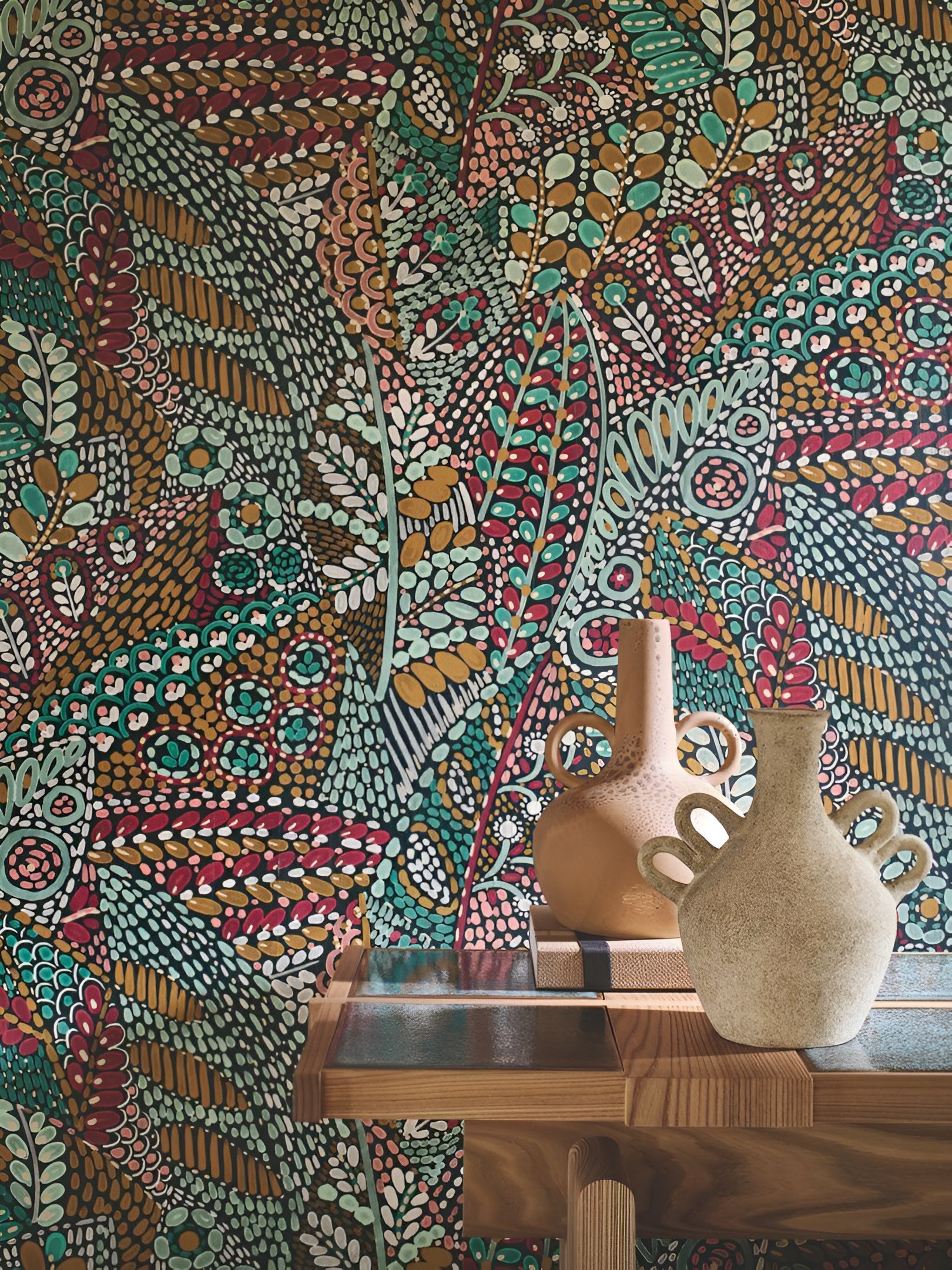 Talavera Leaf Pattern Wallpaper - Celadon/Almond in Mint Green with Almond