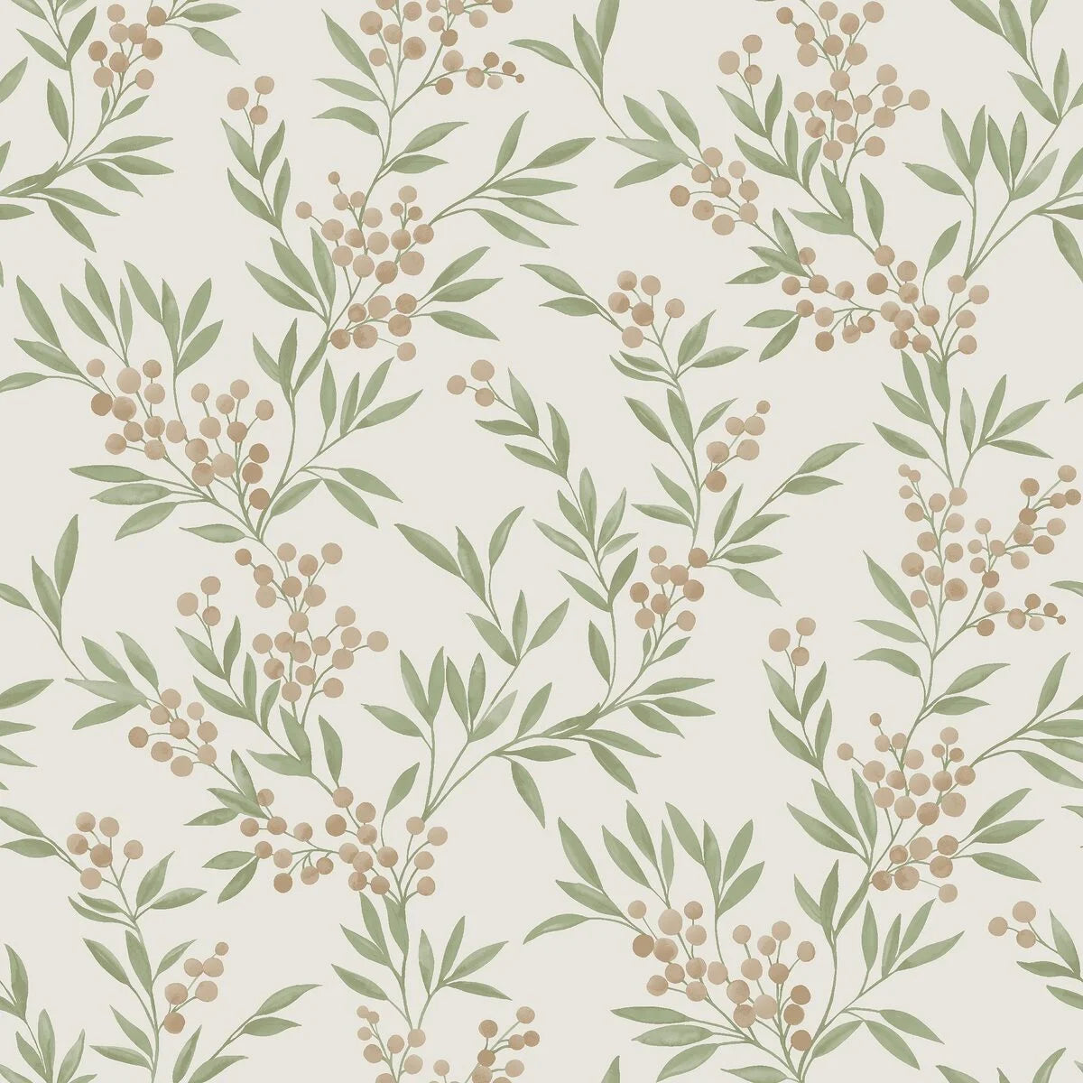 Forest Berries Plant Motif Wallpaper in Beige and Green