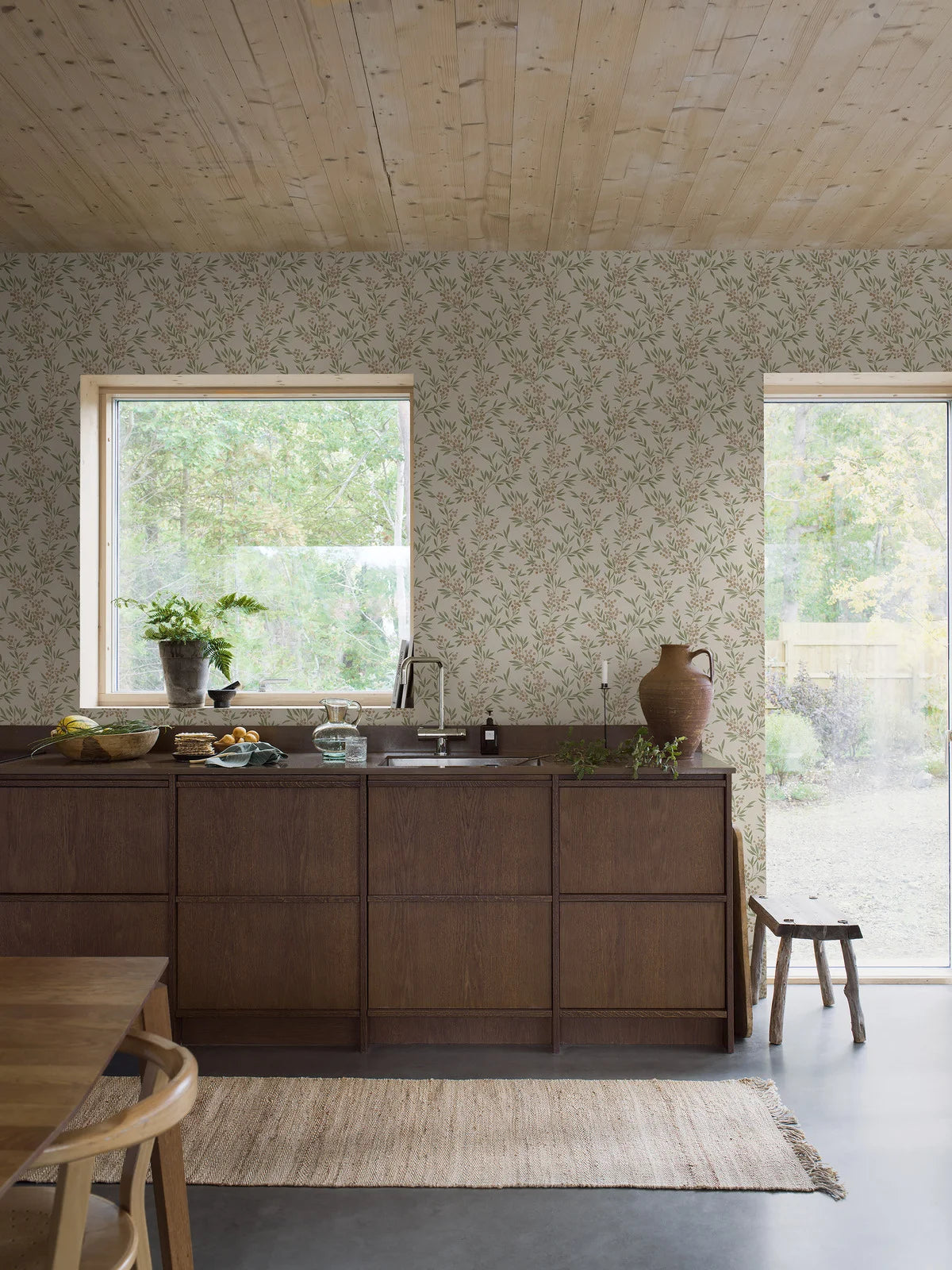 Forest Berries Plant Motif Wallpaper in Beige and Green