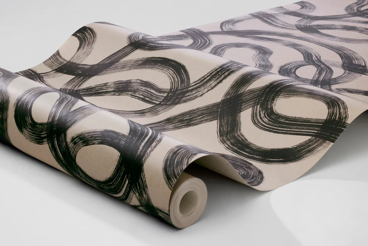 Non-woven paper wallpaper with abstract CURVE pattern in brown