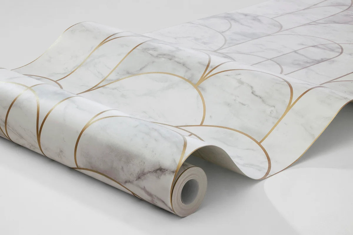 Vlies-Tapete in Papieroptik, die Marmor imitiert, ARCH in Weiß mit Gold