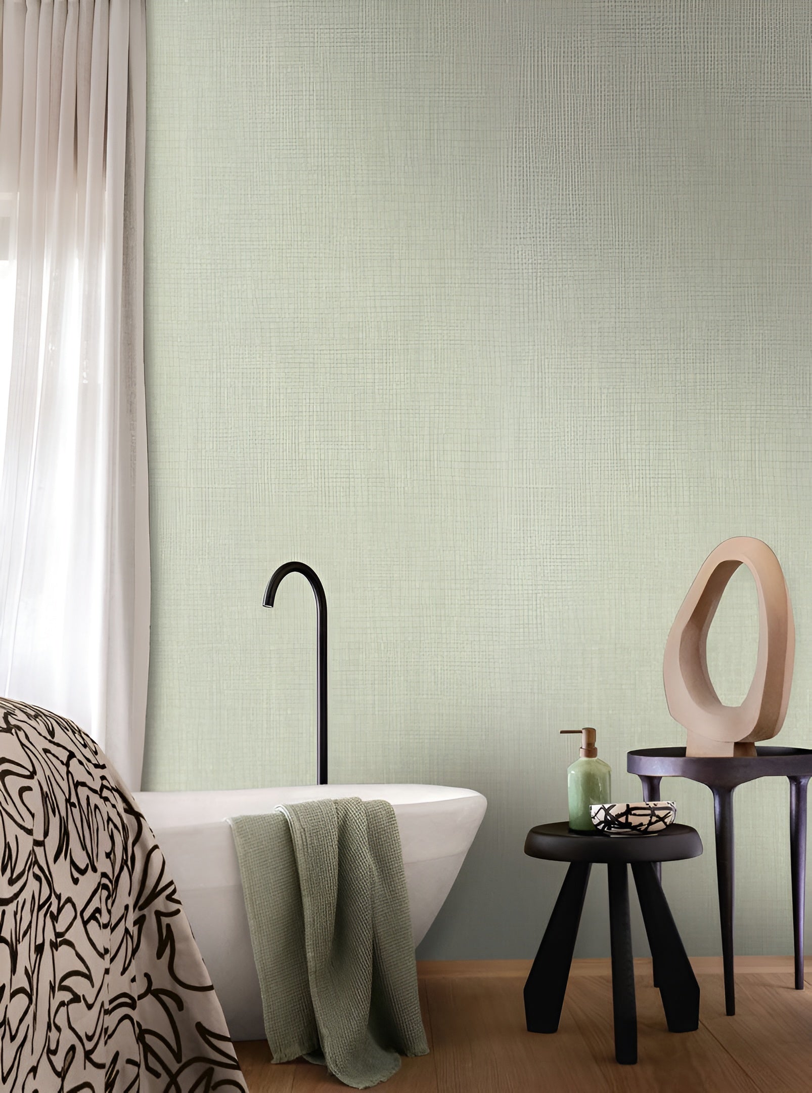 Structural wallpaper resembling linen canvas SHINOK - OPALINE light green