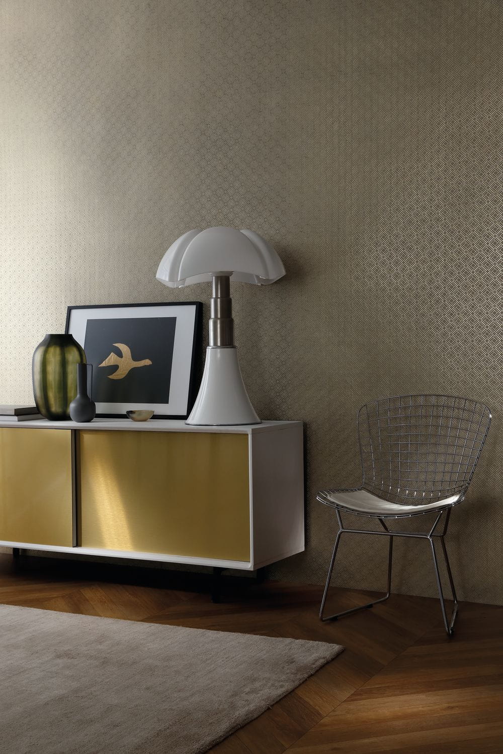 Metalltapete mit geometrischem Muster KHEOPS - BLANC weiß mit braun