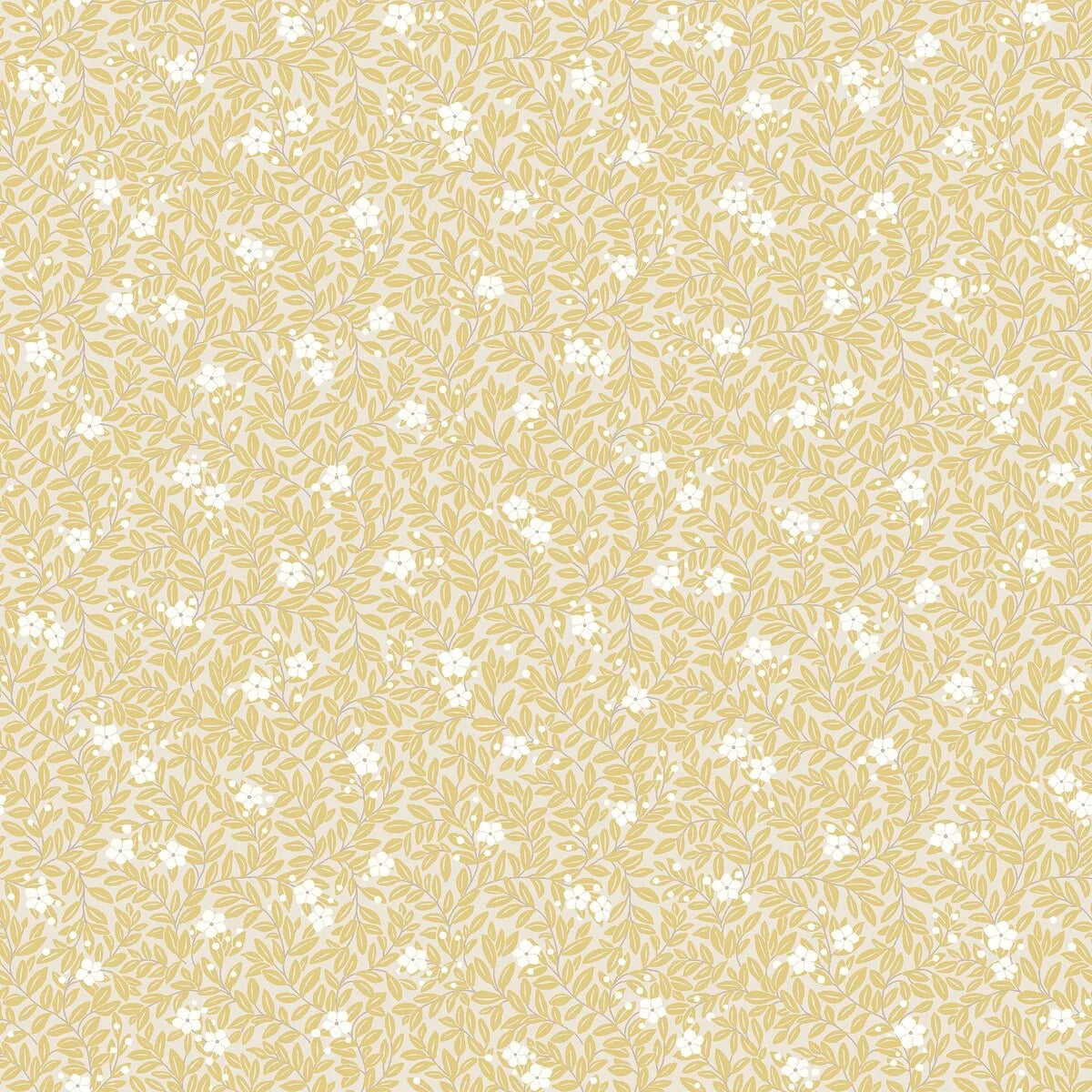 Tapete mit pflanzlichem Motiv von Blumen und Blättern MYRTEN gelb mit weiß