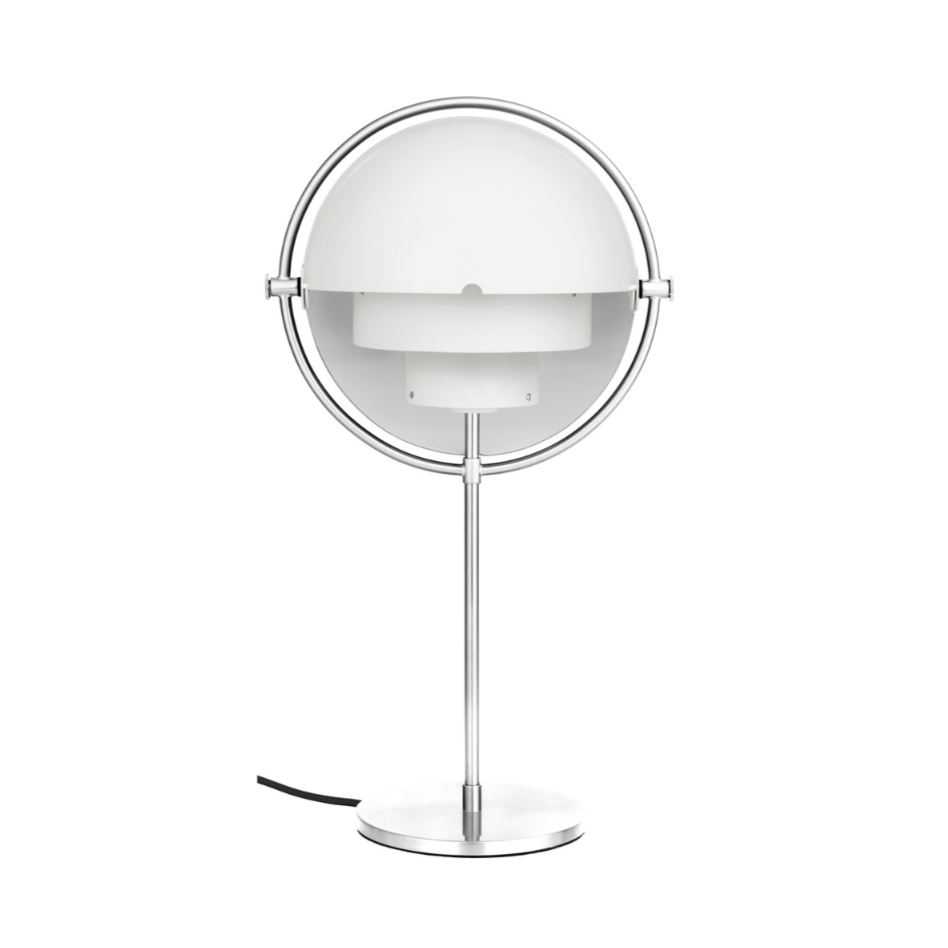 MULTI-LITE table lamp with a chrome base and white shade