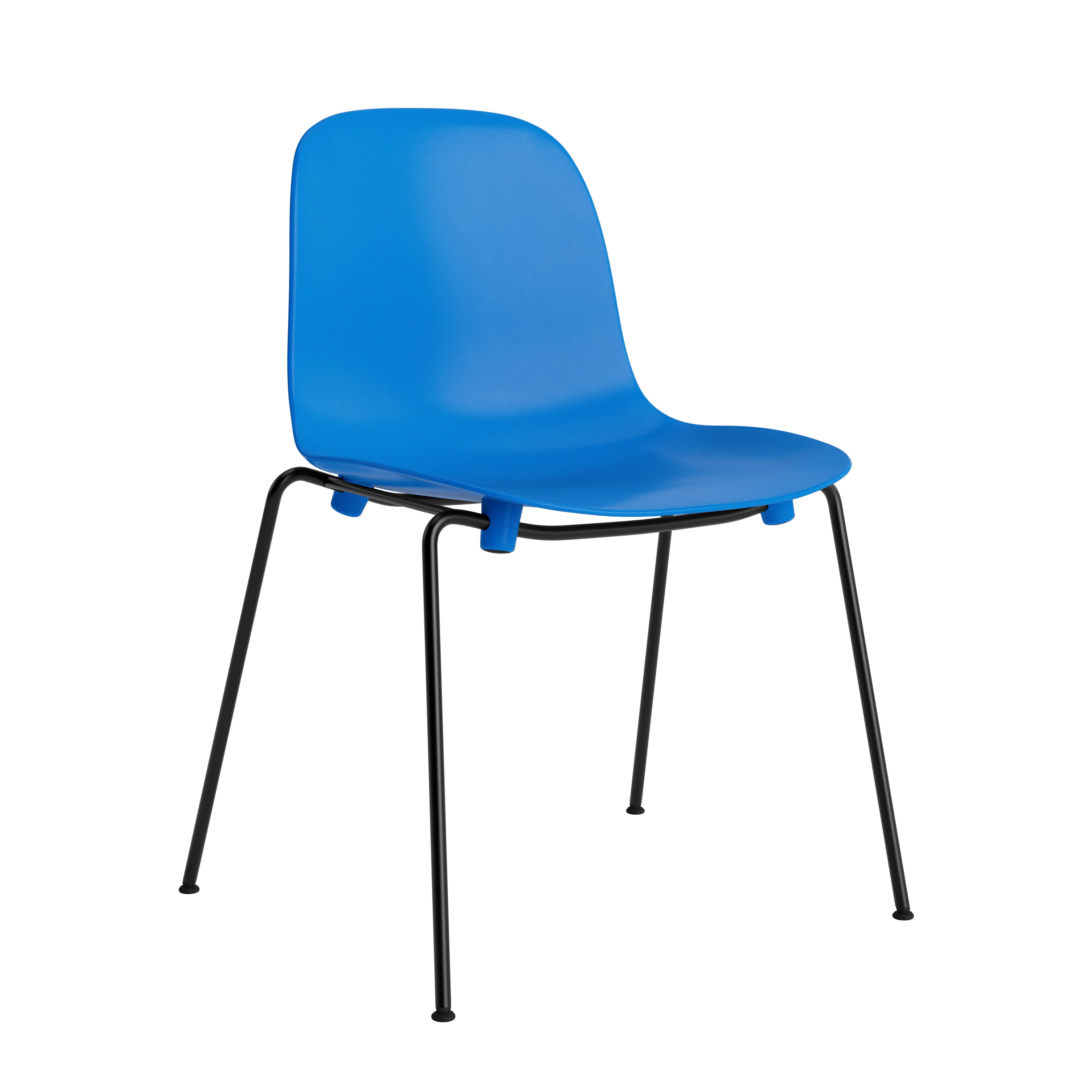 Blue stacking chair with a black base