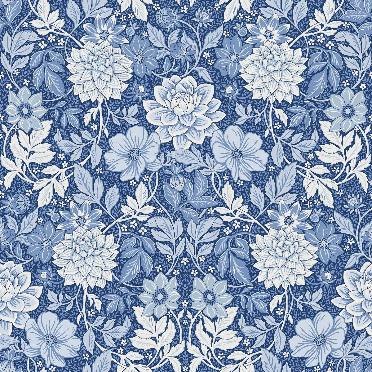 Vlies-Tapete mit pflanzlichem Muster DAHLIA GARDEN blau mit weißem Hintergrund