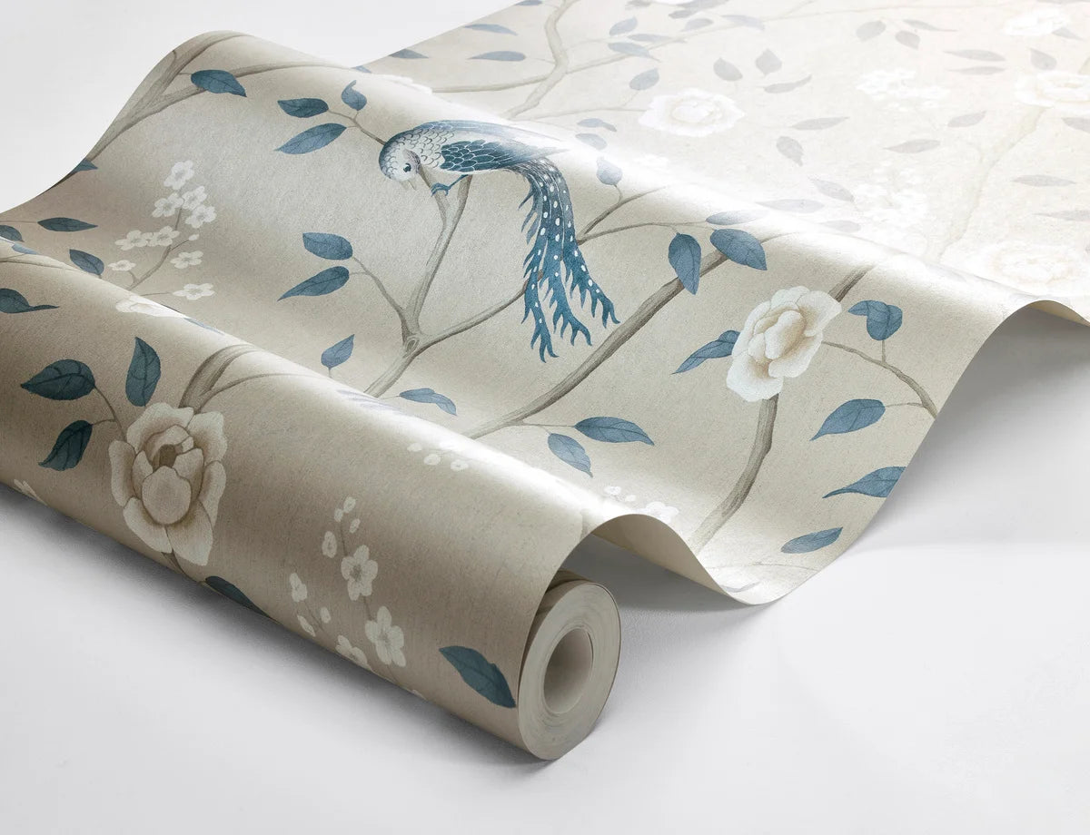 Vlies-Tapete mit Pflanzenmuster PARADISE BIRDS dunkelbeige mit Blau