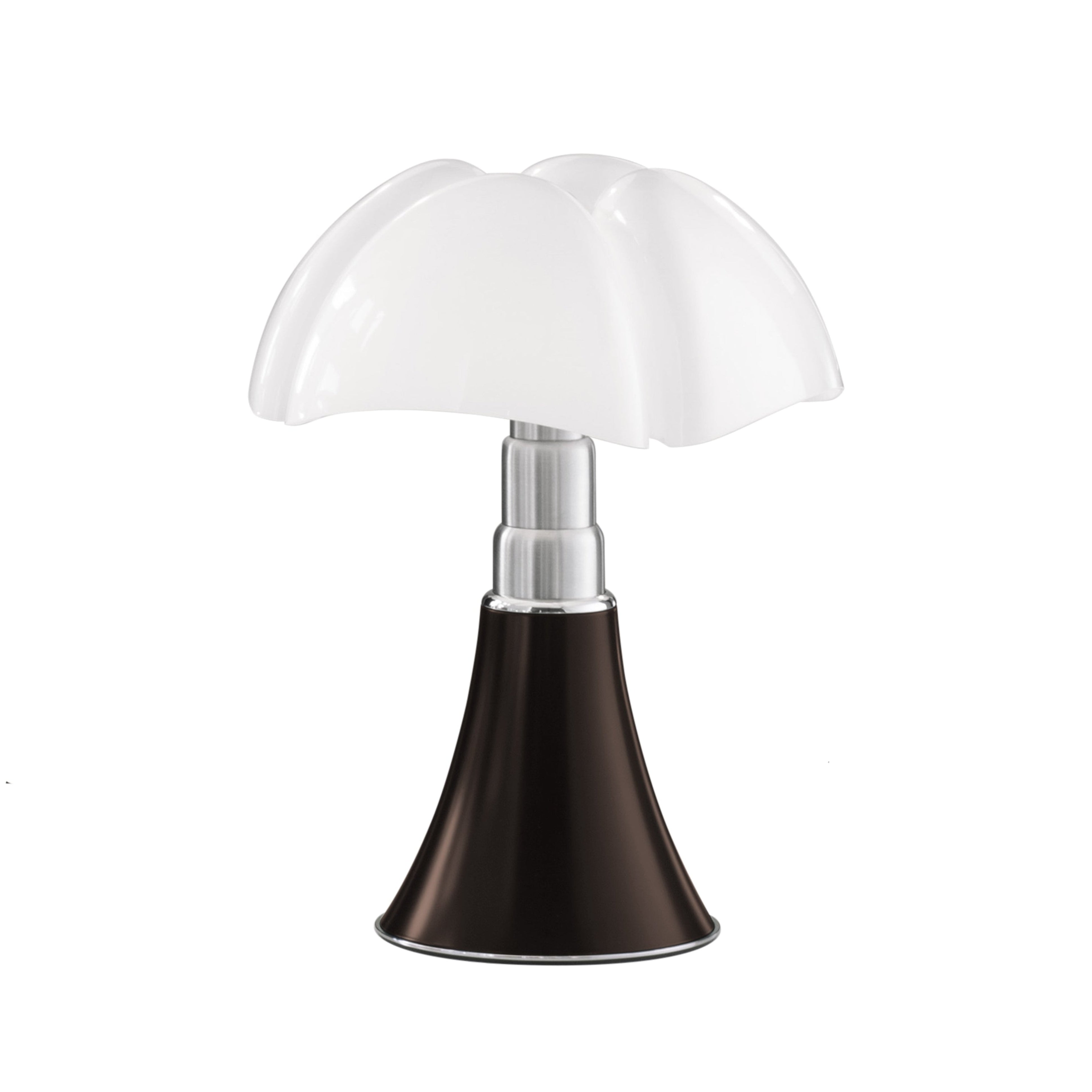 Tischlampe MINIPIPISTRELLO mit opalisiertem Schirm und braunem Fuß