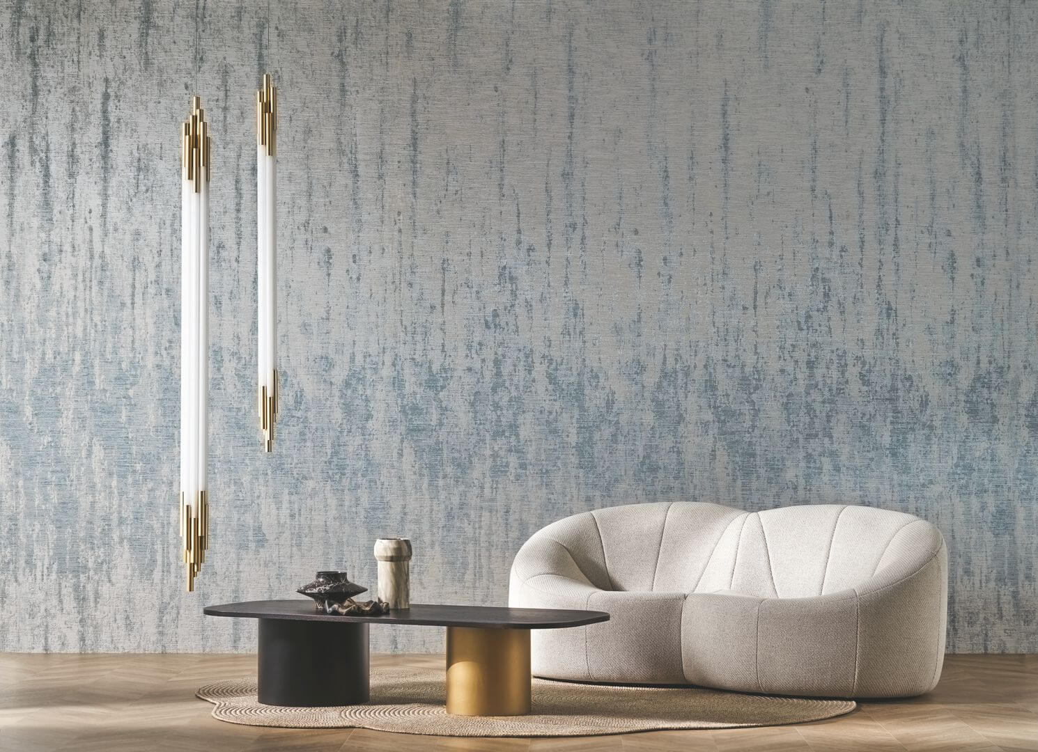 Textile mural imitating an aged wall ORCIA - PIERRE BLEUE blue with beige