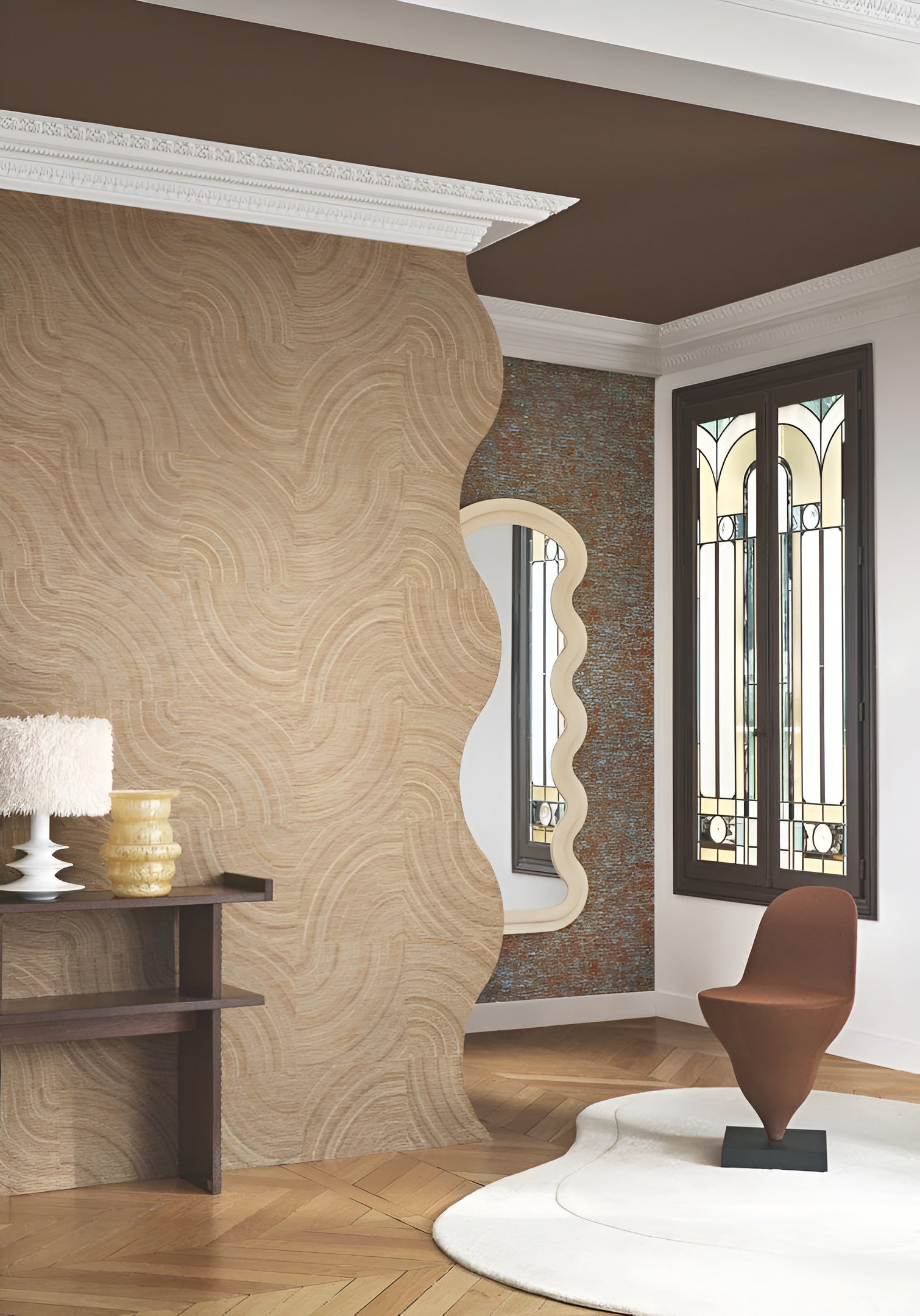 Textile structural wallpaper with geometric pattern ALENTOURS - BEIGE ORANGE beige orange