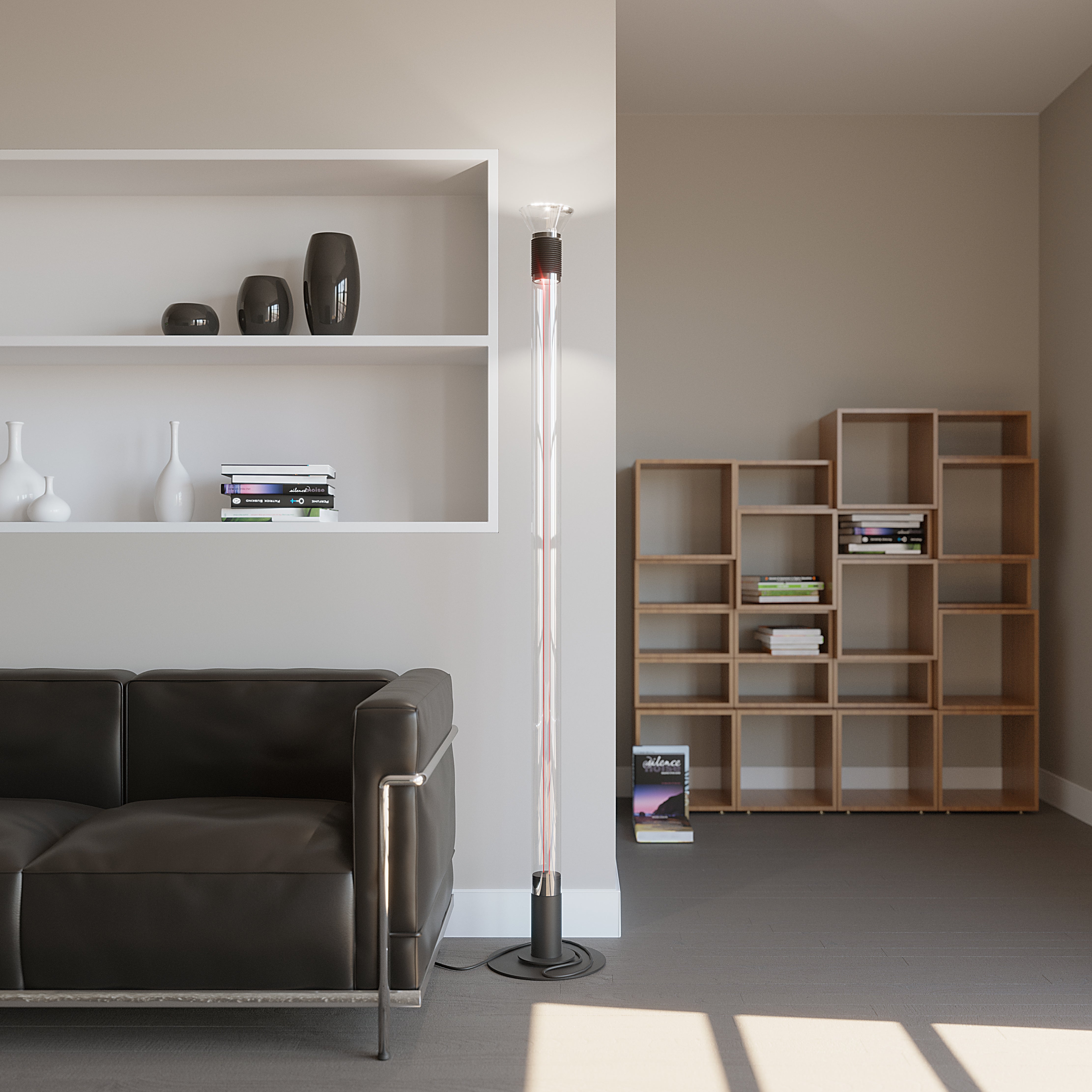 Stehlampe DIA transparent mit matten braunen Elementen