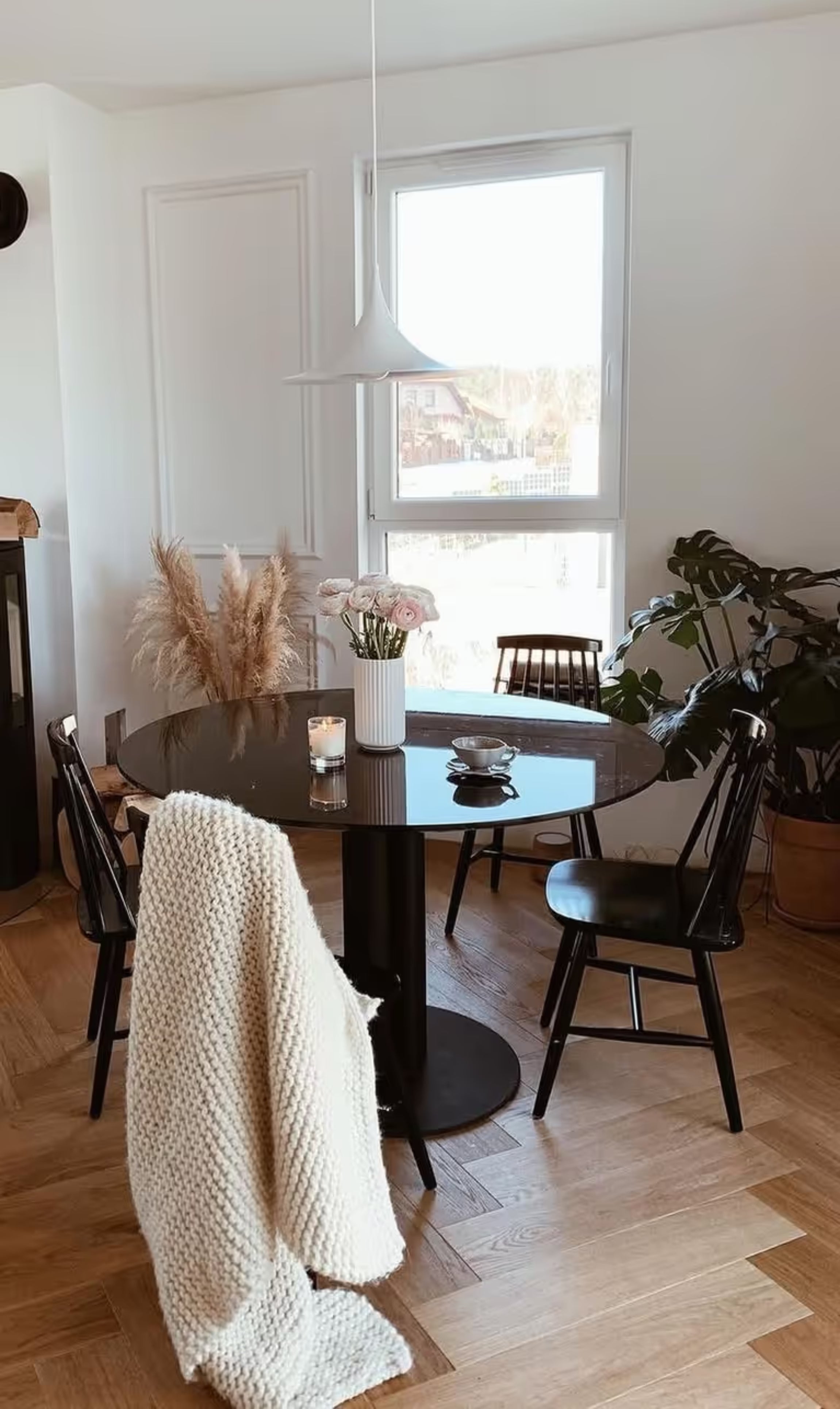 Round MOON Table with Brushed Marble Top and Black Steel Base