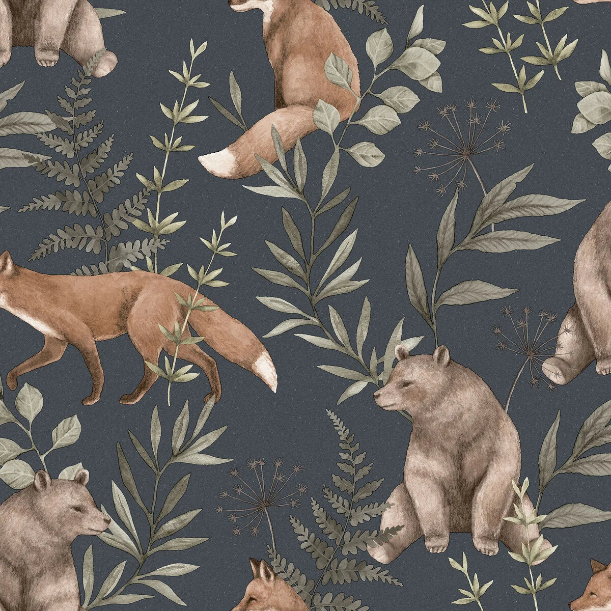 Kinder-Tapete mit Pflanzen- und Tiermotiv WILD FOREST schwarz