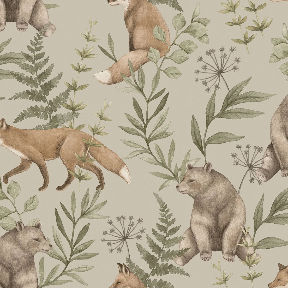 Tapete für Kinder mit pflanzlichem und tierischem Motiv WILD FOREST beige