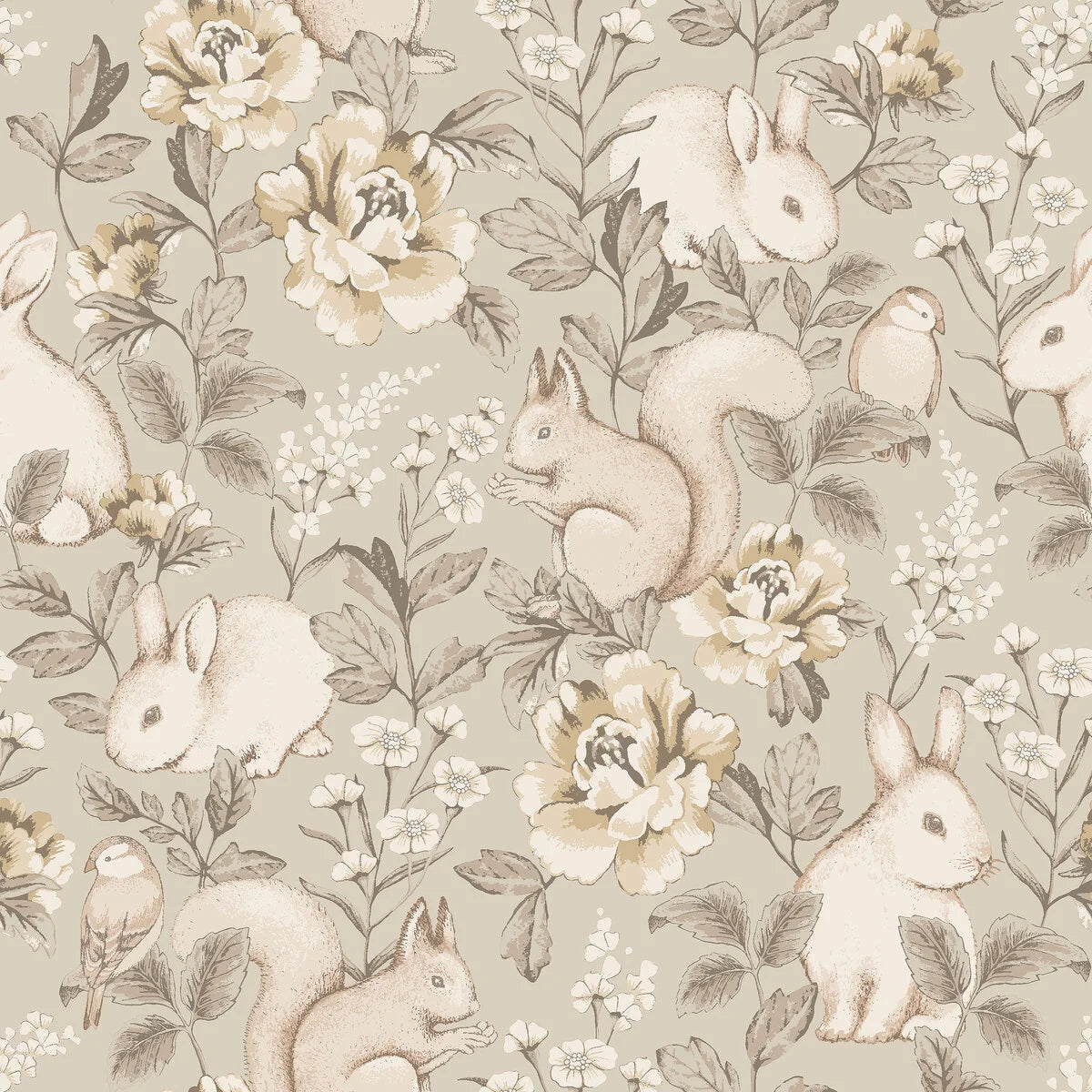 Tapete für Kinder mit pflanzlichem und tierischem Motiv MAGIC FOREST beige