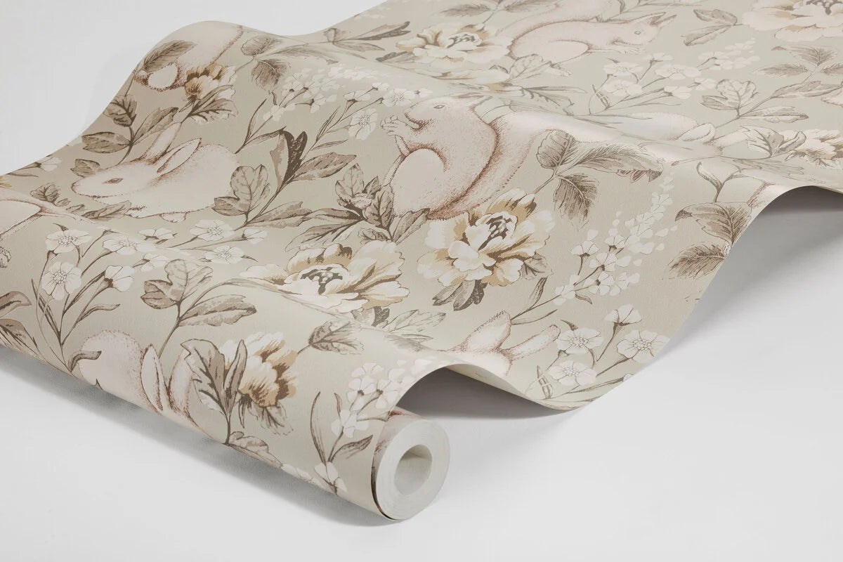 Tapete für Kinder mit pflanzlichem und tierischem Motiv MAGIC FOREST beige