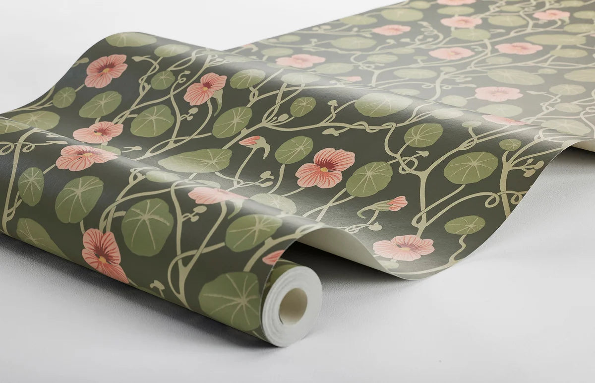 Dark brown floral plant motif wallpaper KRASSE with green