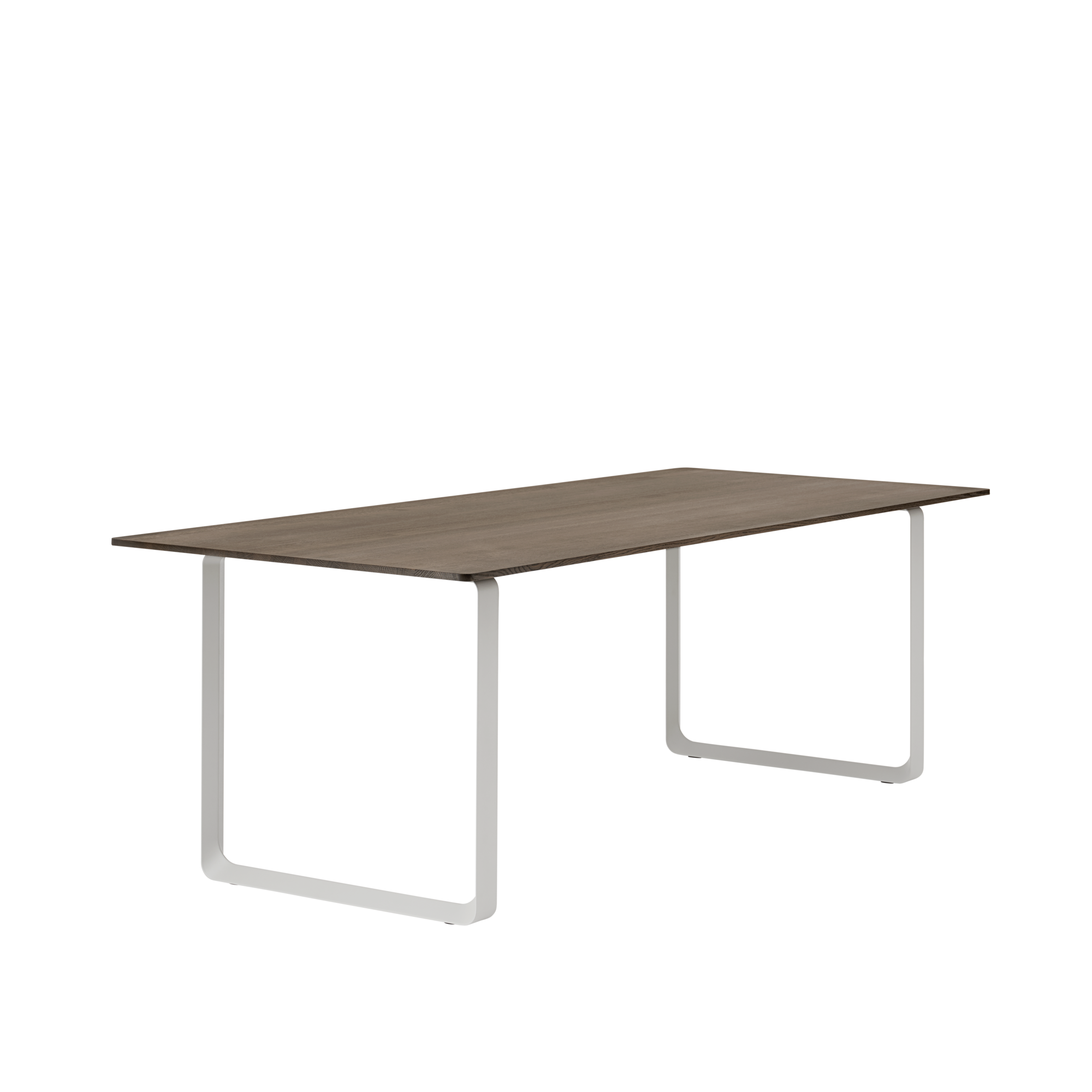 Tisch 70/70 aus dunklem Eichenholz mit grauem Gestell
