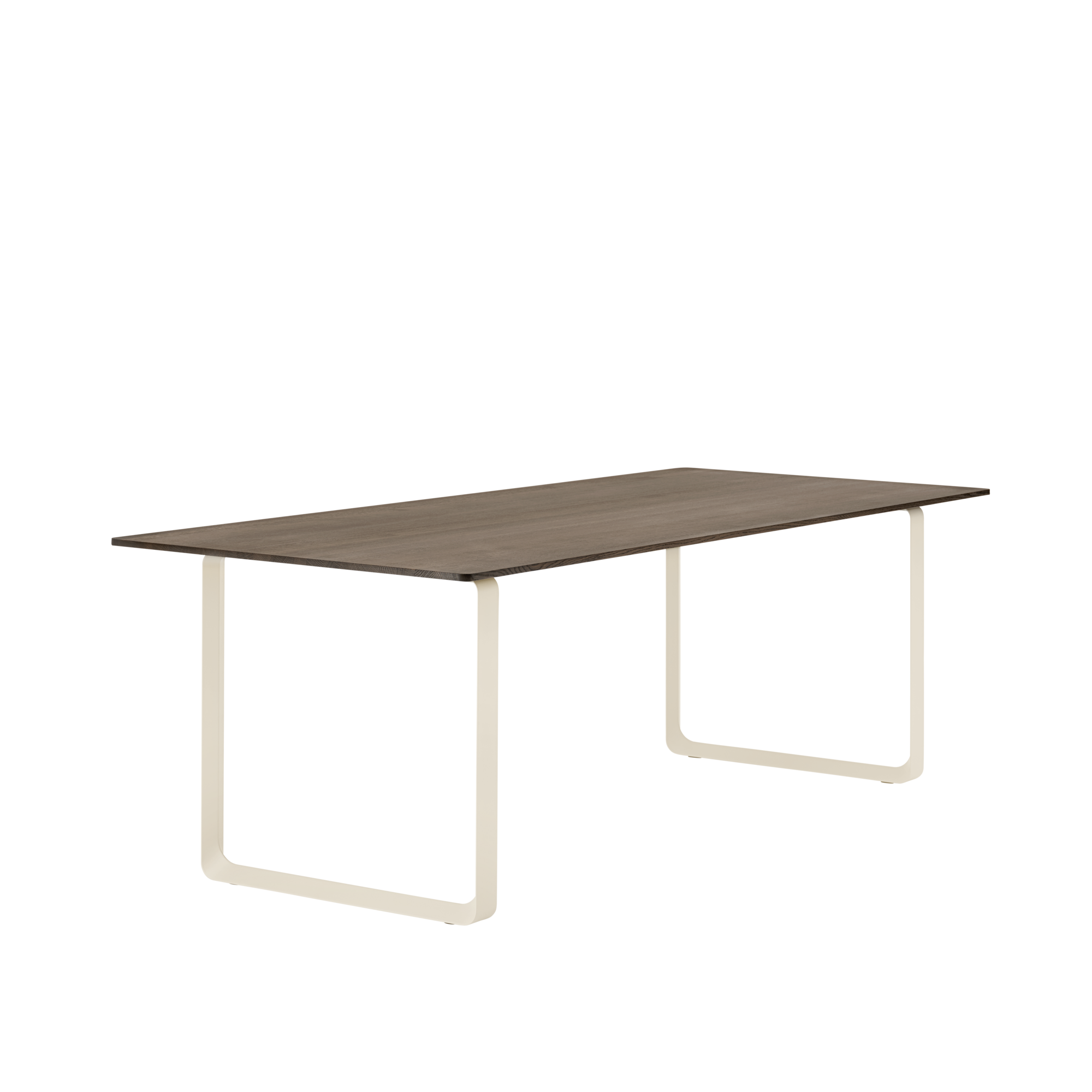 Tisch 70/70 aus dunklem Eichenholz mit sandfarbener Basis