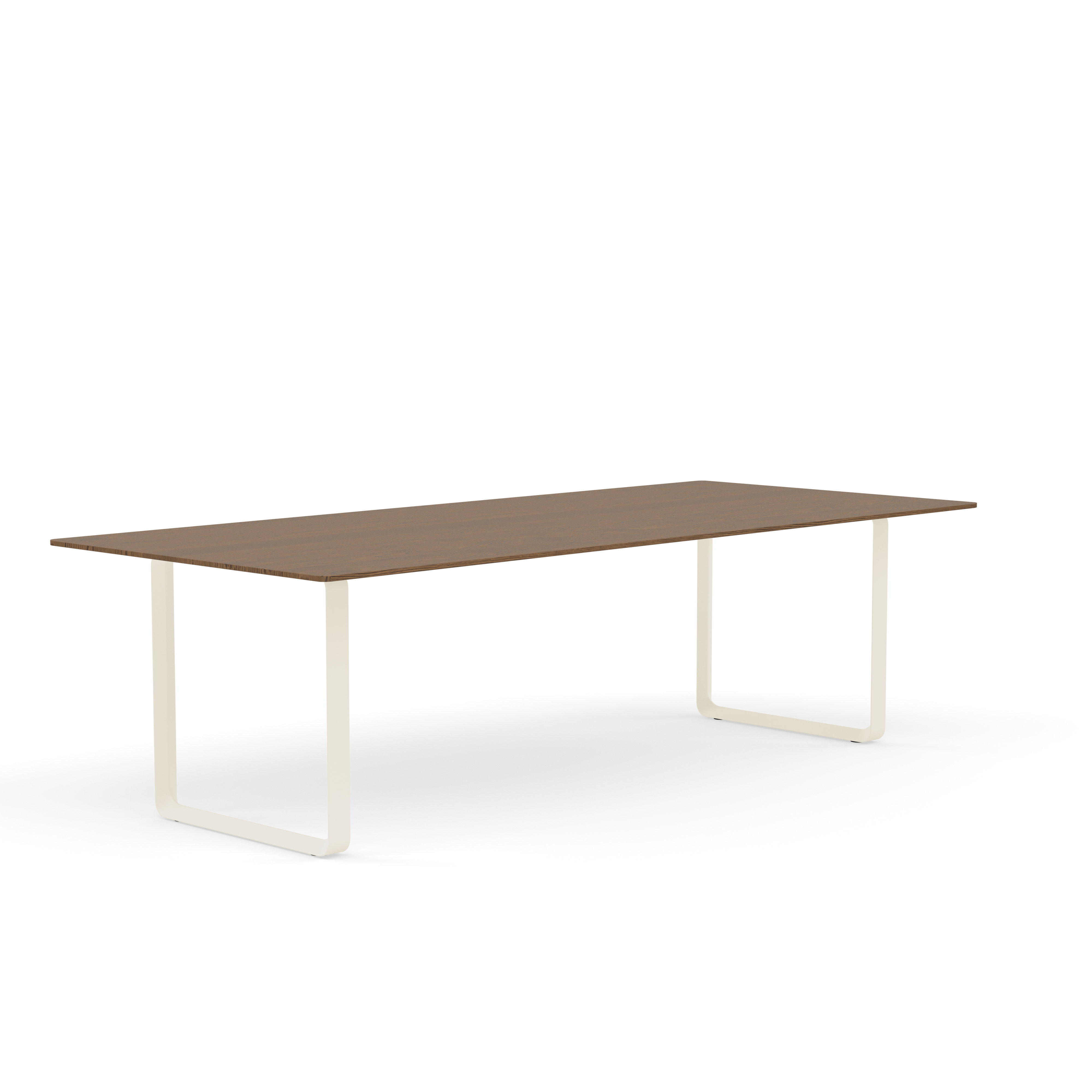 Tisch 70/70 aus dunklem Eichenholz mit sandfarbener Basis