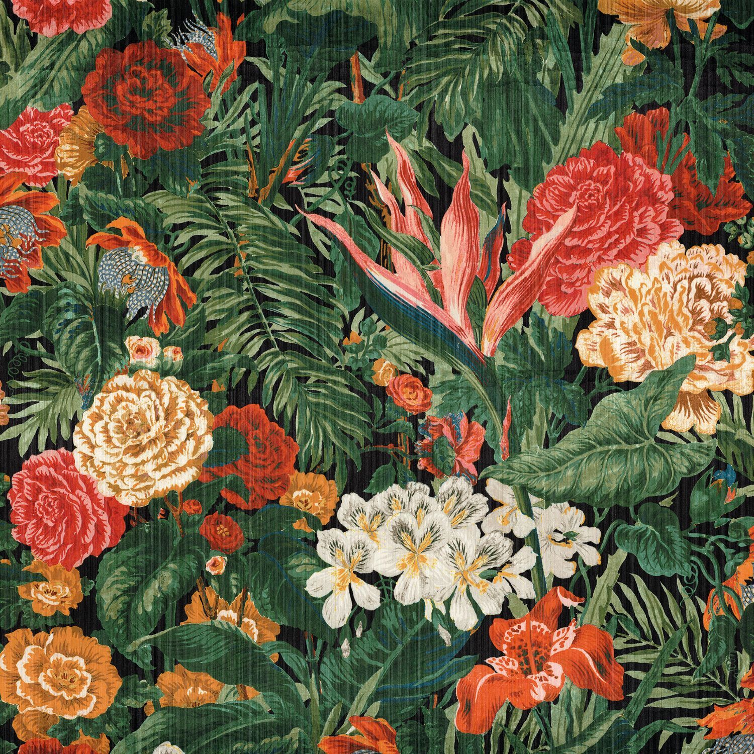 Textiltapete mit pflanzlichem Motiv von Blumen und Blättern EGLANTYNE - VERT MULTICO grün mit rot