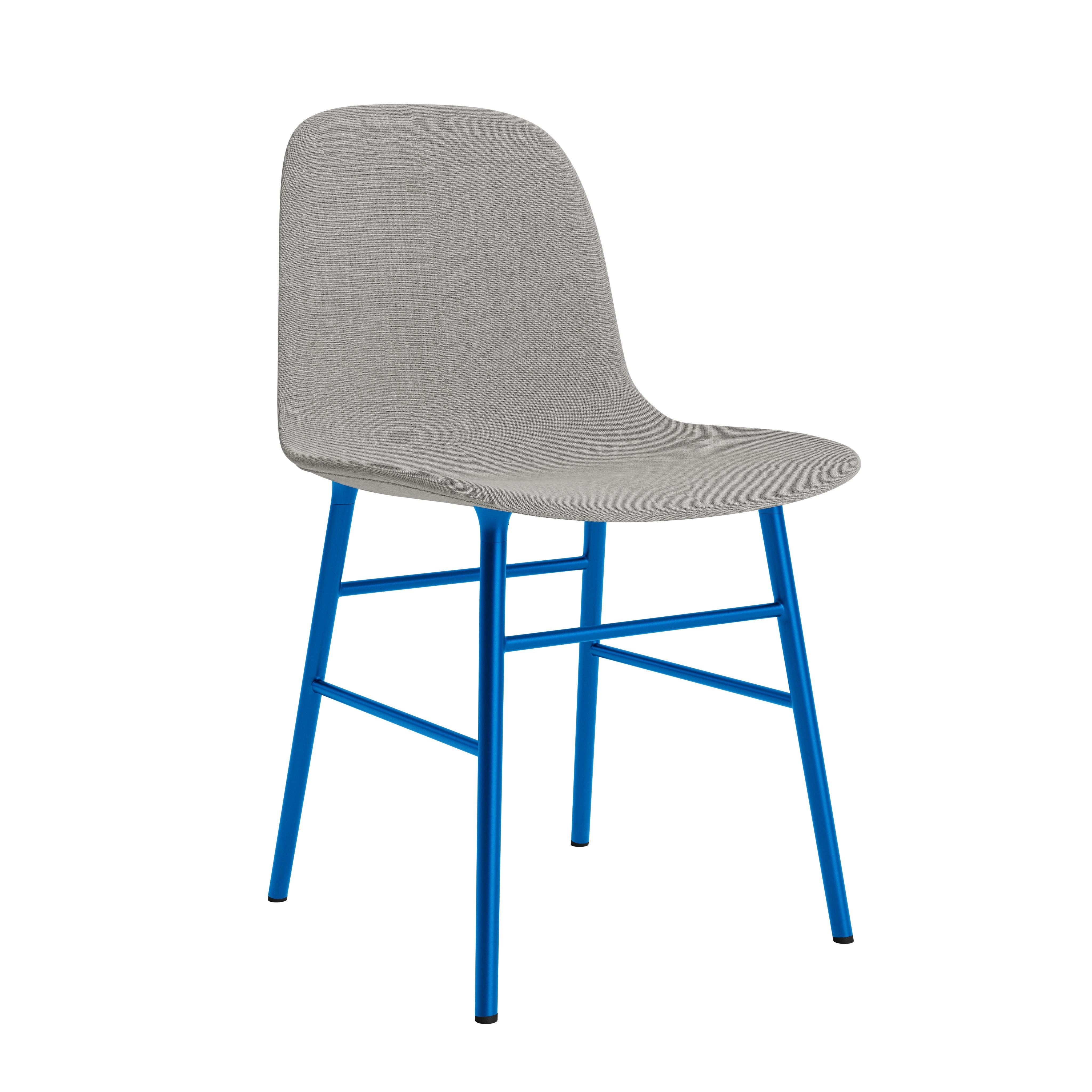 Upholstered chair forms with a blue base