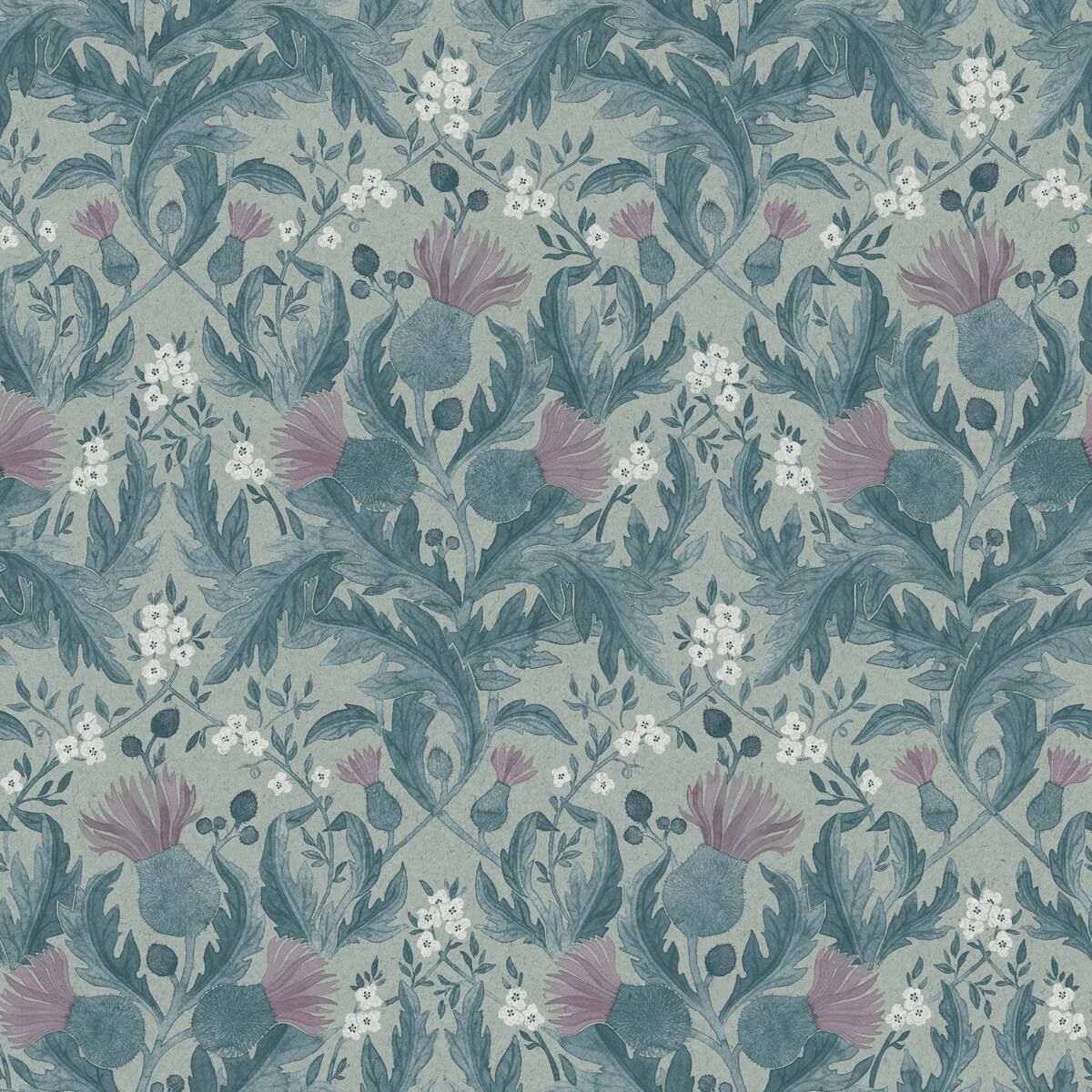 Tapete mit Pflanzenmuster THISTLE, gedämpftes Blau mit Rosa