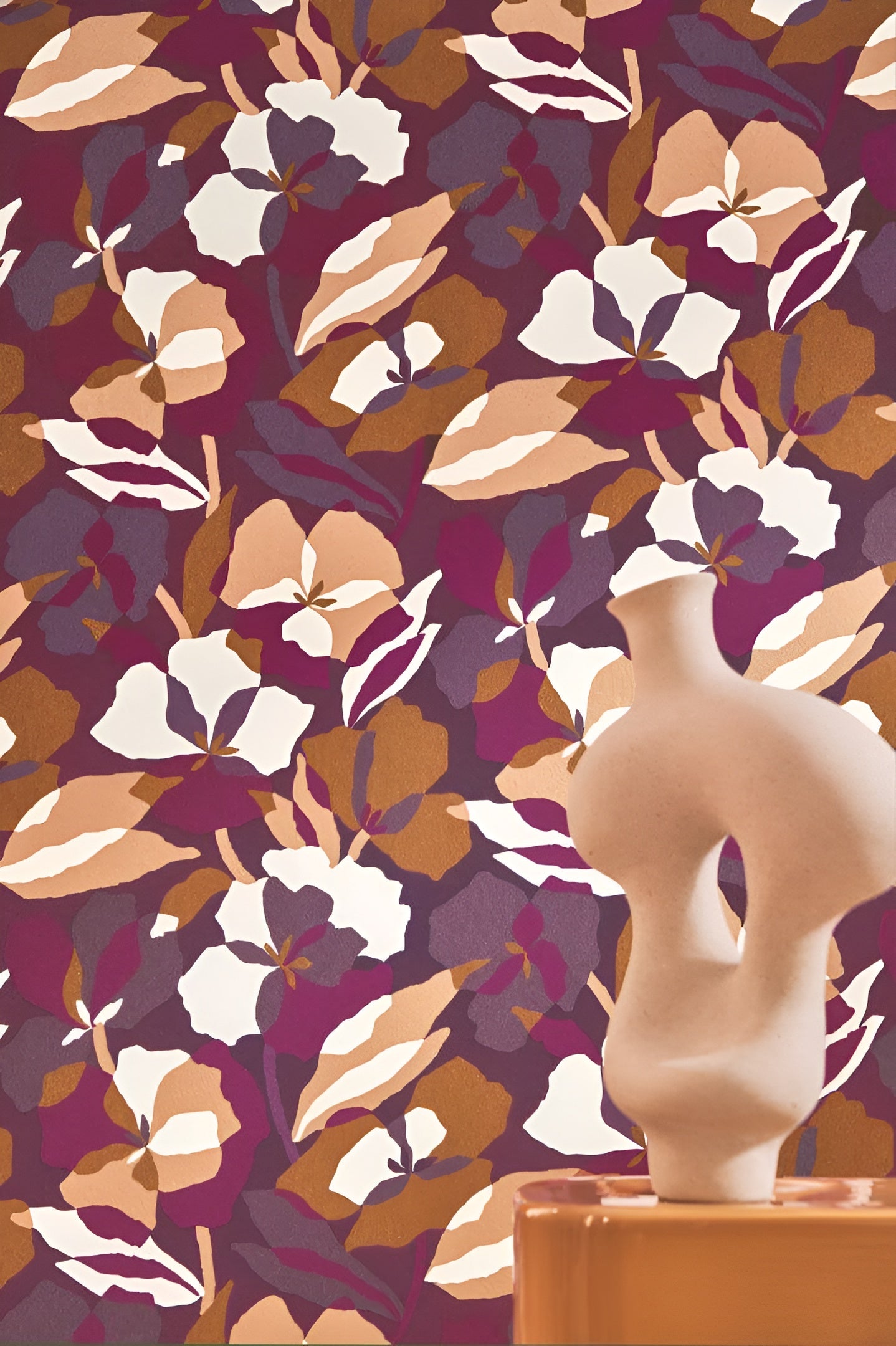 Amaryllis Floral Pattern Wallpaper - Purple/Amber in Purple and Beige