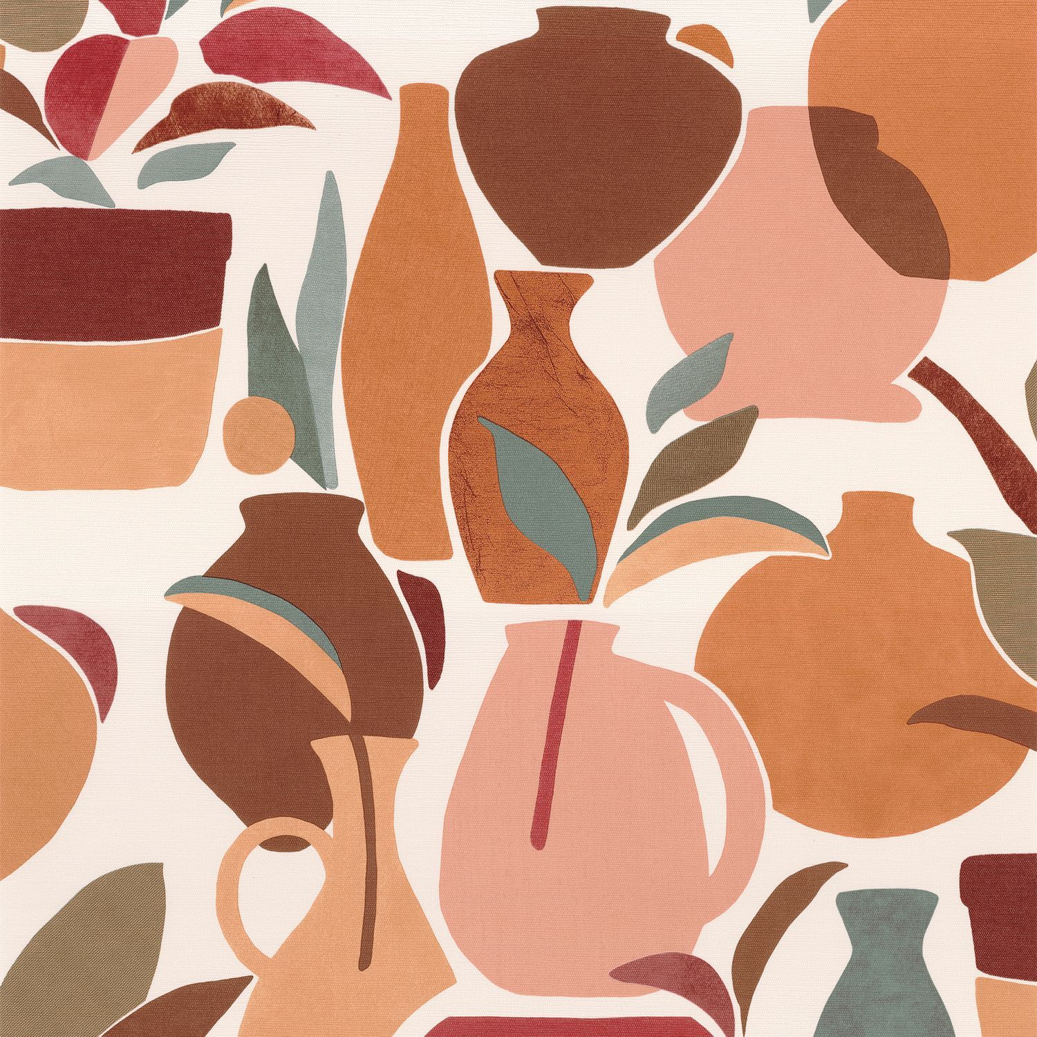 Structural wallpaper with vase motif VALLAURIS - GRENAT/ORANGE BRULEE pink with orange