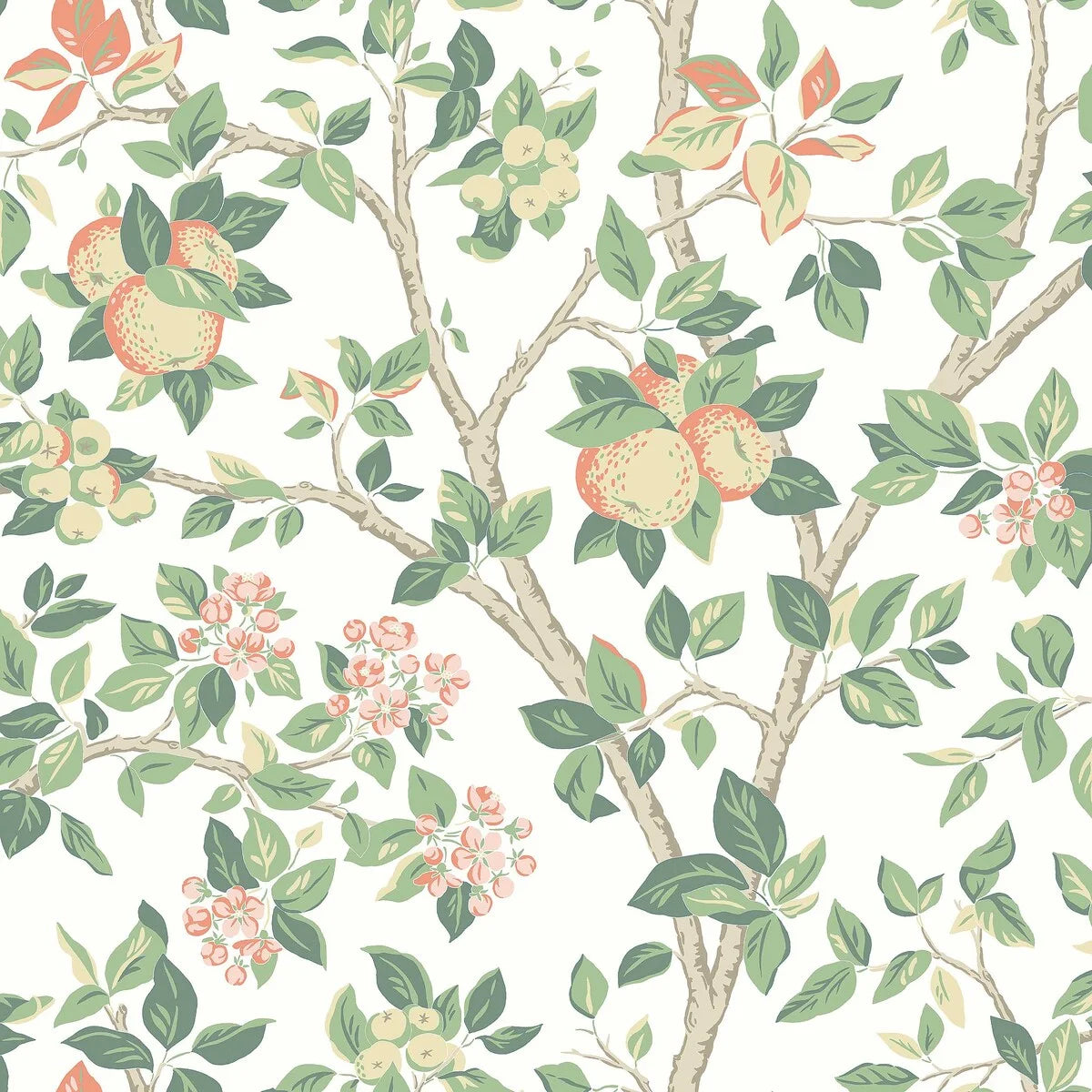 Tapete mit pflanzlichem Muster von Obstbaum INGRID MARIE weiß mit grün