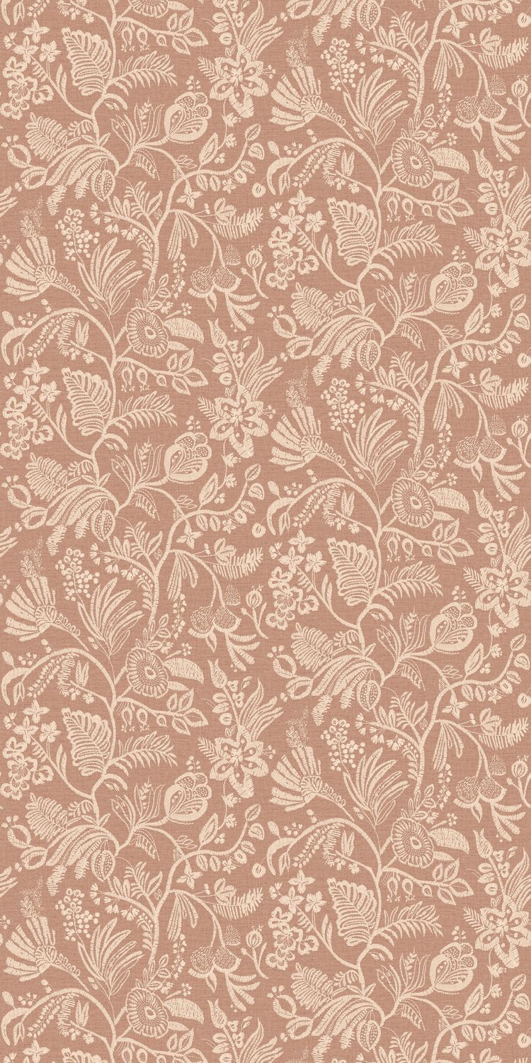 Structural wallpaper imitating embroidery with a floral and leaf pattern PASTEL - NUDE dark beige