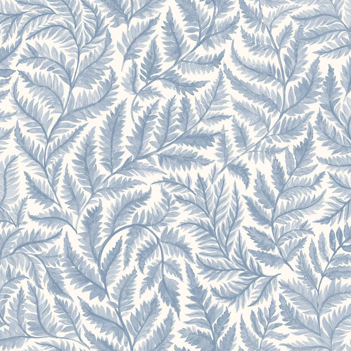 Non-woven paper wallpaper with a plant pattern FERNS light blue with white
