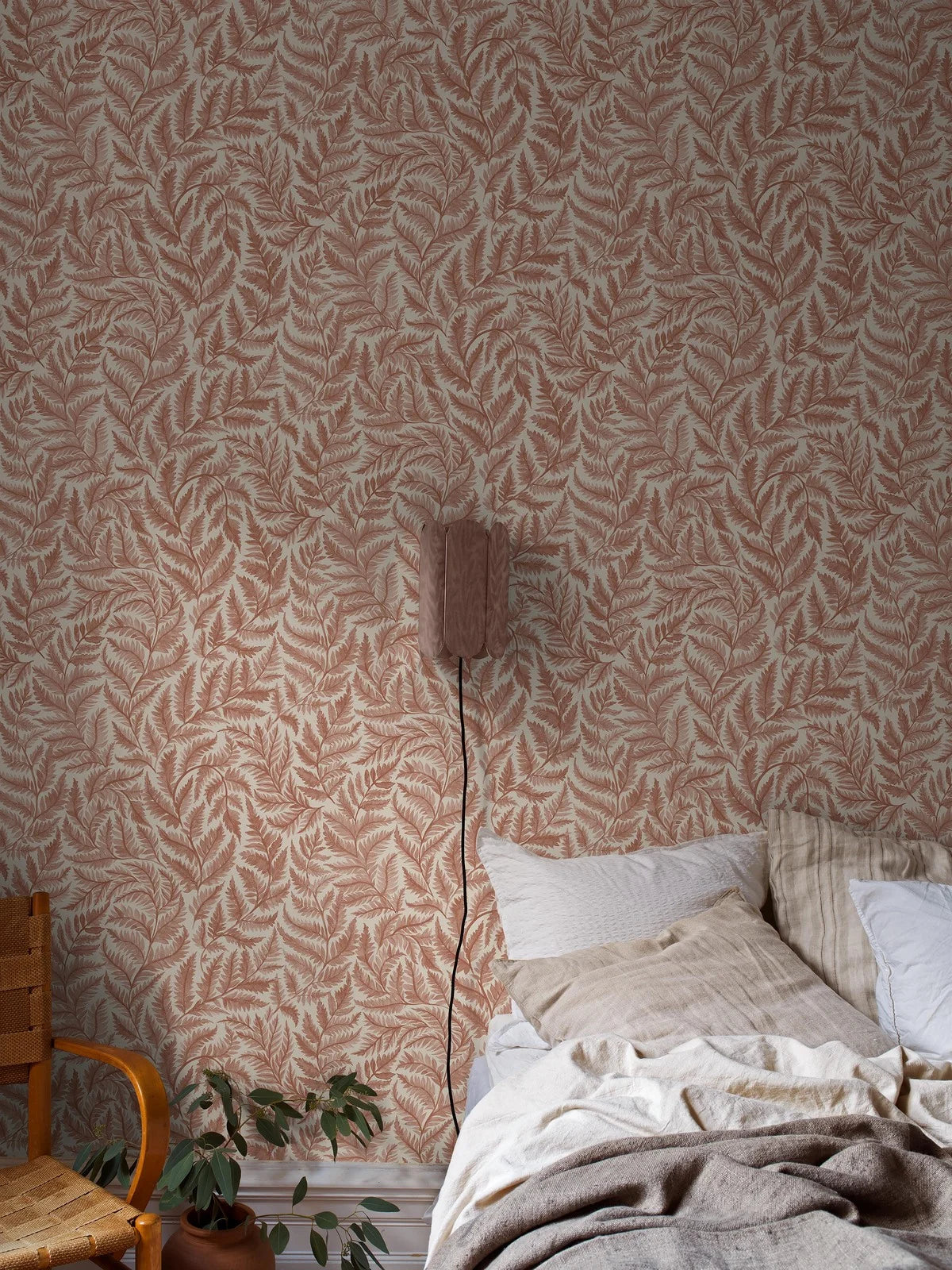 Non-woven paper wallpaper with a plant pattern FERNS red with cream