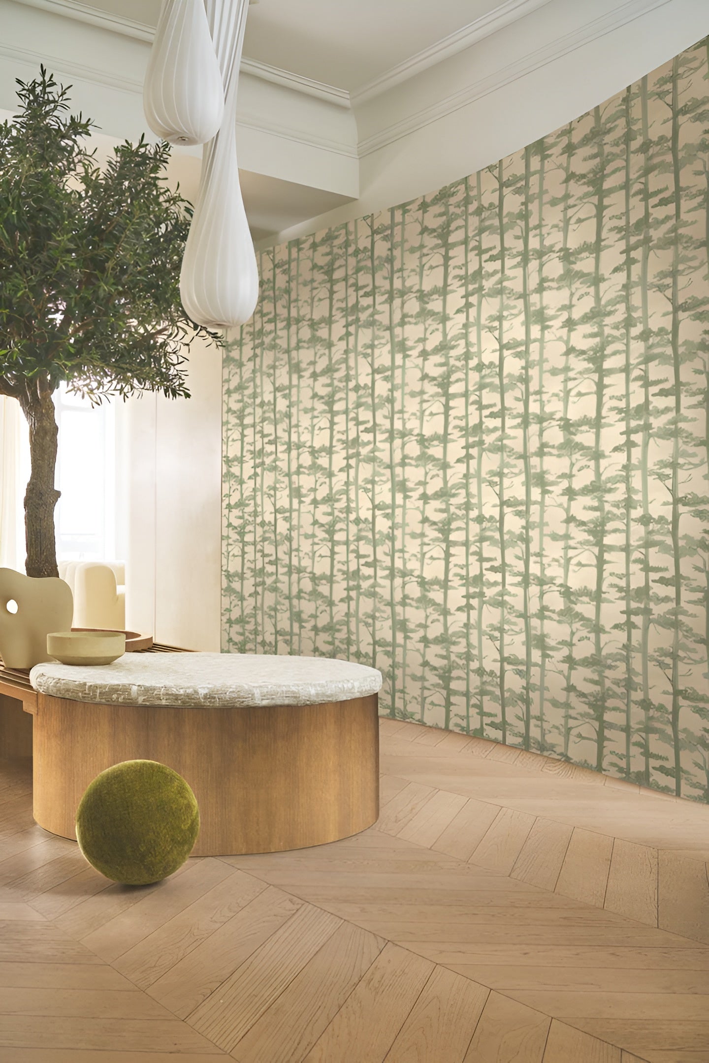 Structural wallpaper with an oriental tree plant motif AME - SABLE/EUCALYPTUS beige with green