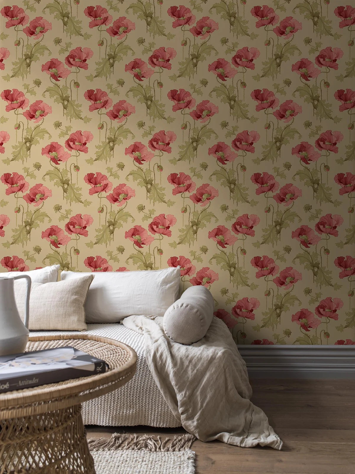 VALLMO beige mit rosa pflanzlichem Muster Vlies-Tapete
