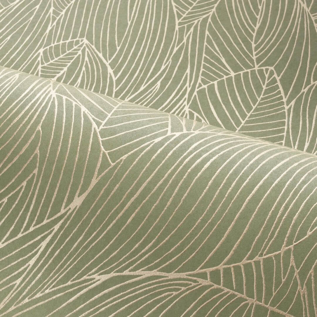 Wallpaper with a plant motif of leaves featuring a metallic effect HOSTA - SAGE/GOLD sage green with gold