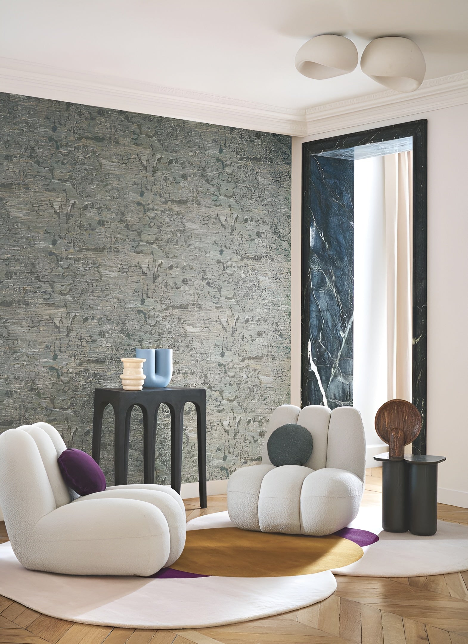 Textile structural wallpaper with a leafy plant pattern VERDURE - PIERRE BLEUE gray-blue