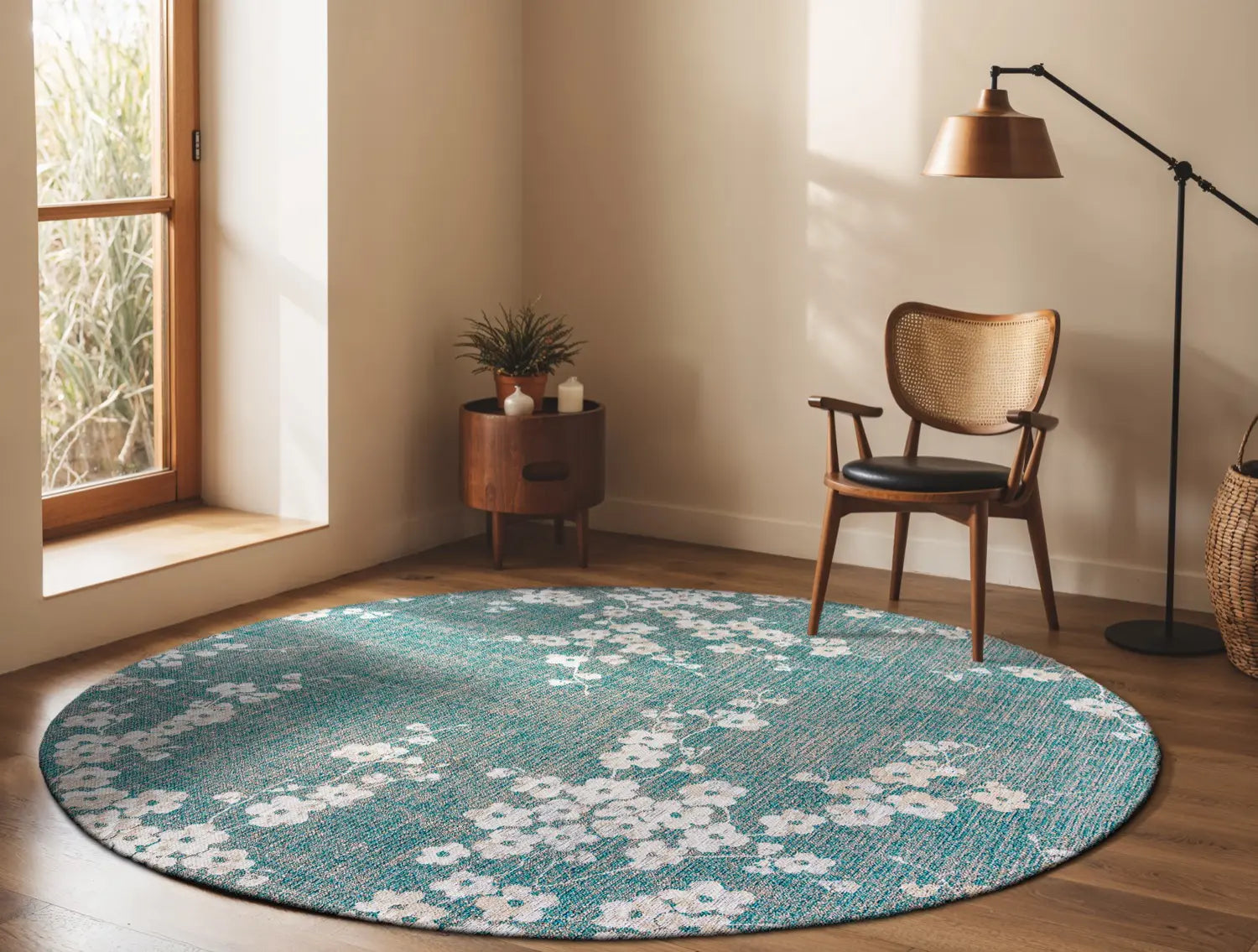 Ovaler Teppich SAKURA blau mit Weiß