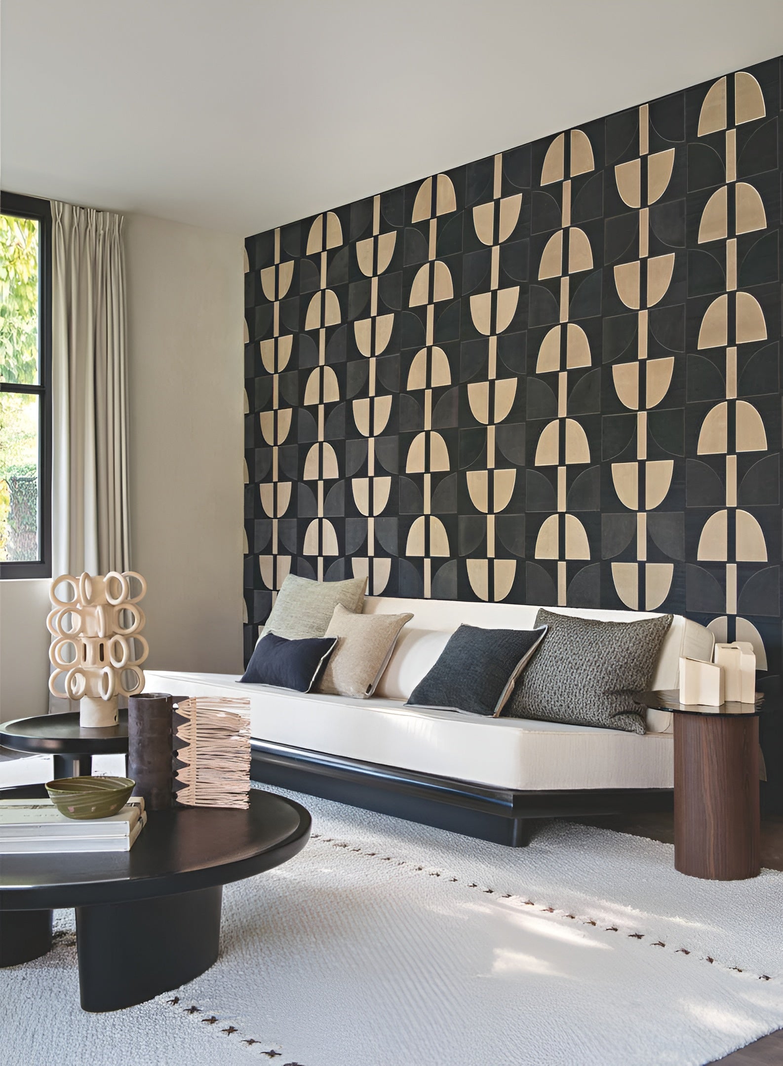 Tapete aus Pflanzenfaser mit geometrischem Muster HIKARI - NOIR TAUPE schwarz mit Bronze und Marineblau